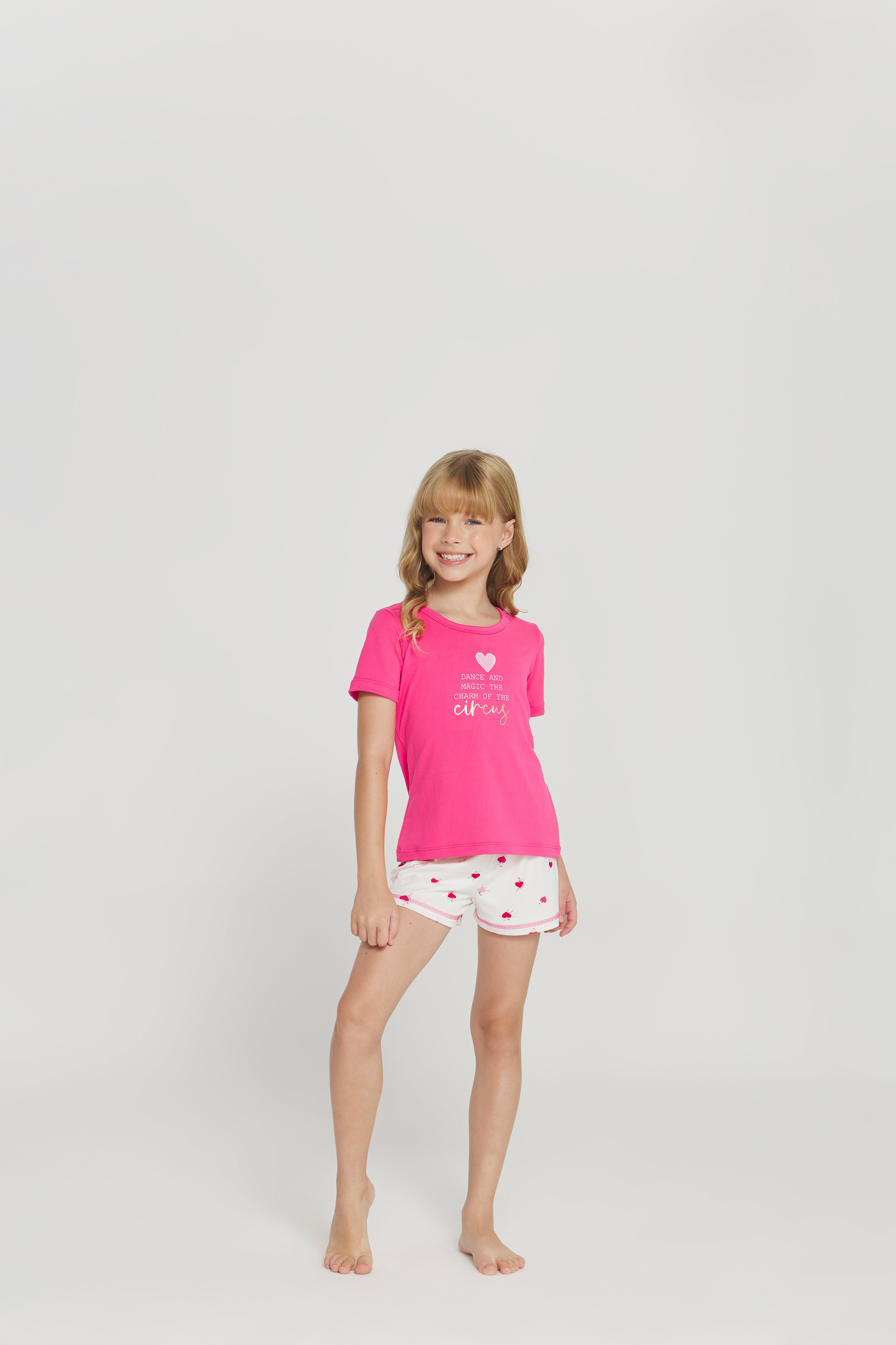 Pijama Infantil Meia Manga com Short Peach Touch Pink Estampa Cerejinhas – Danka® 01.1.0281/82