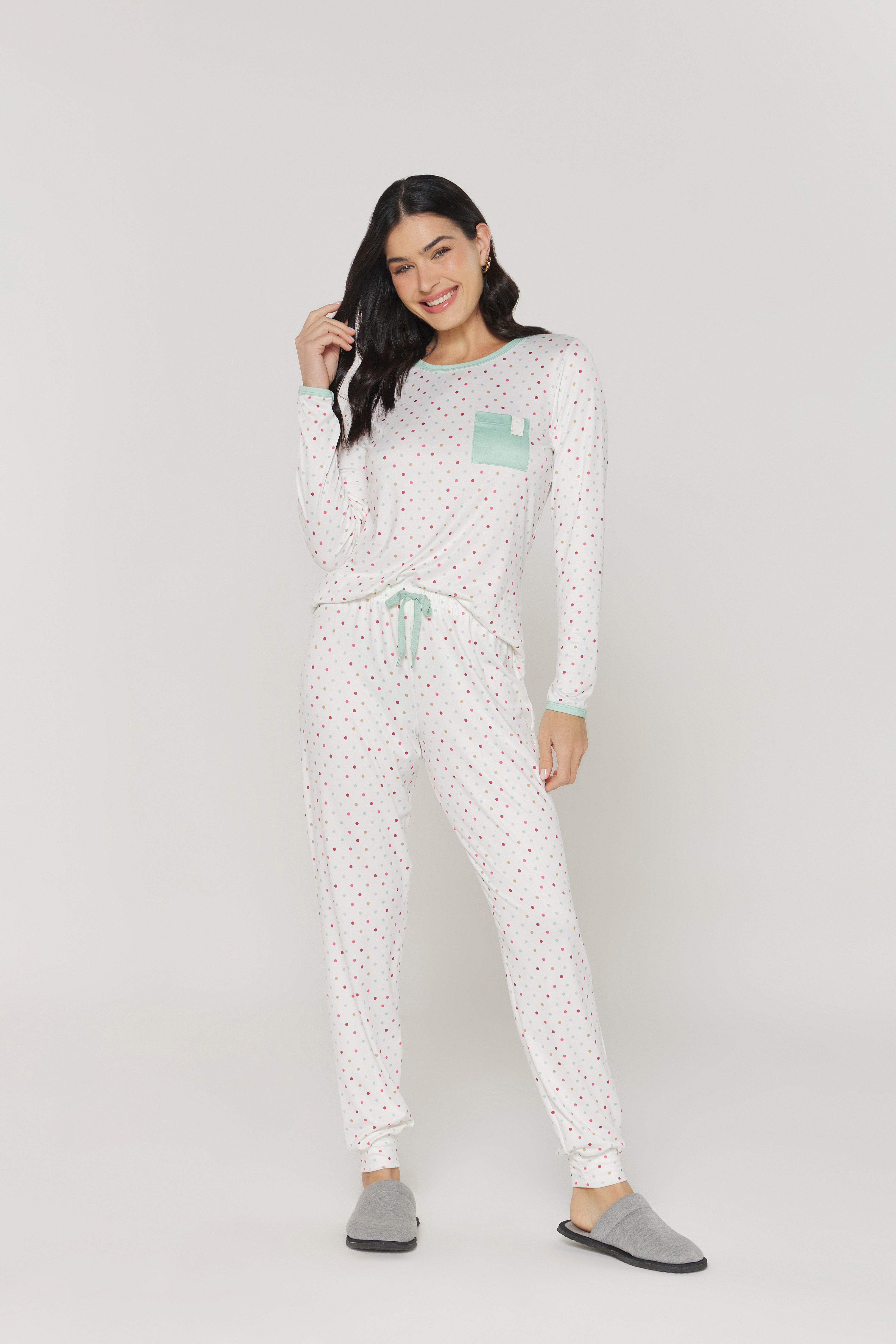 Pijama Manga Longa com Calça Bolinha Verde – Danka® 01.2.0352