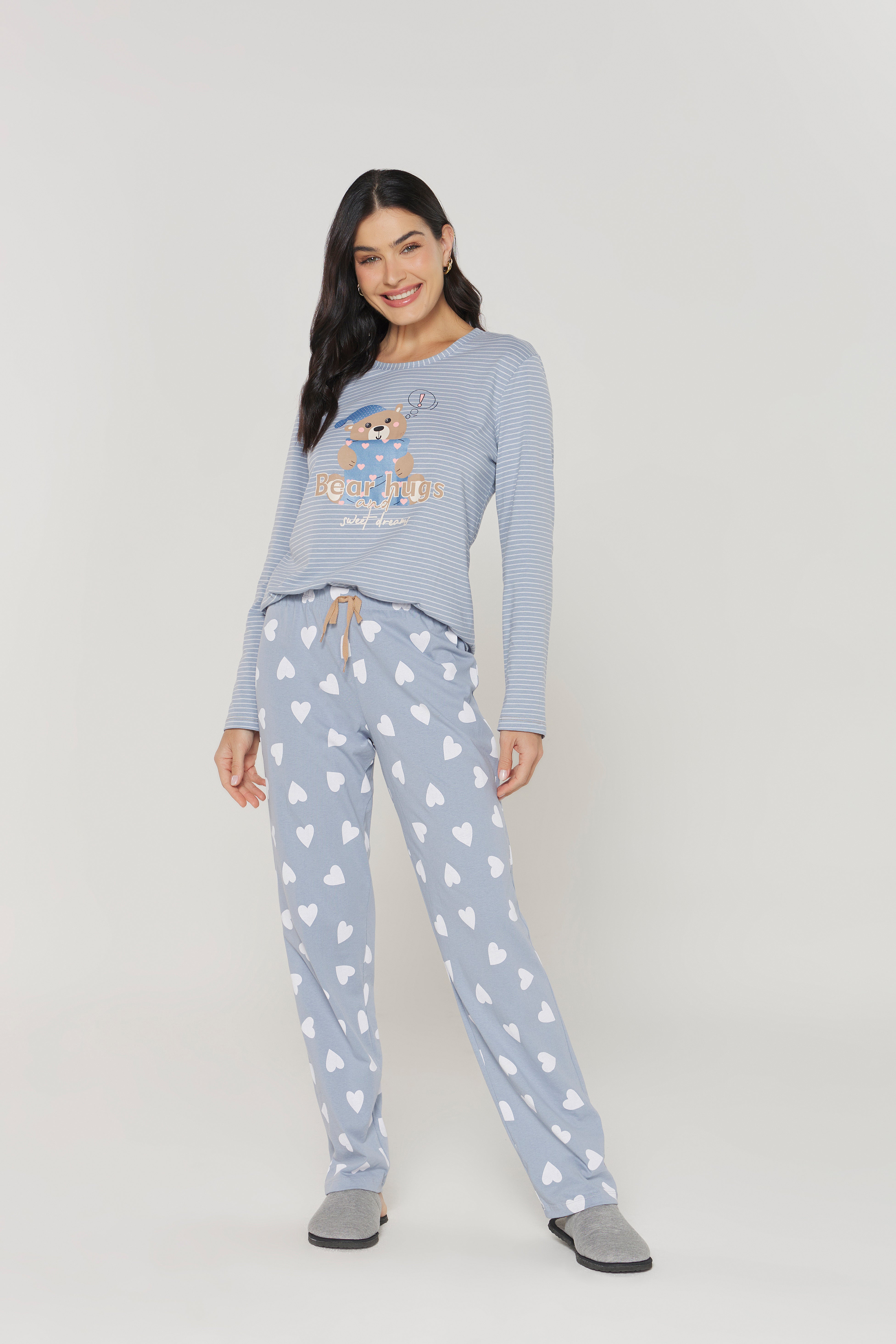 Pijama Manga Longa com Calça Listra Coração – Danka® 01.2.0385