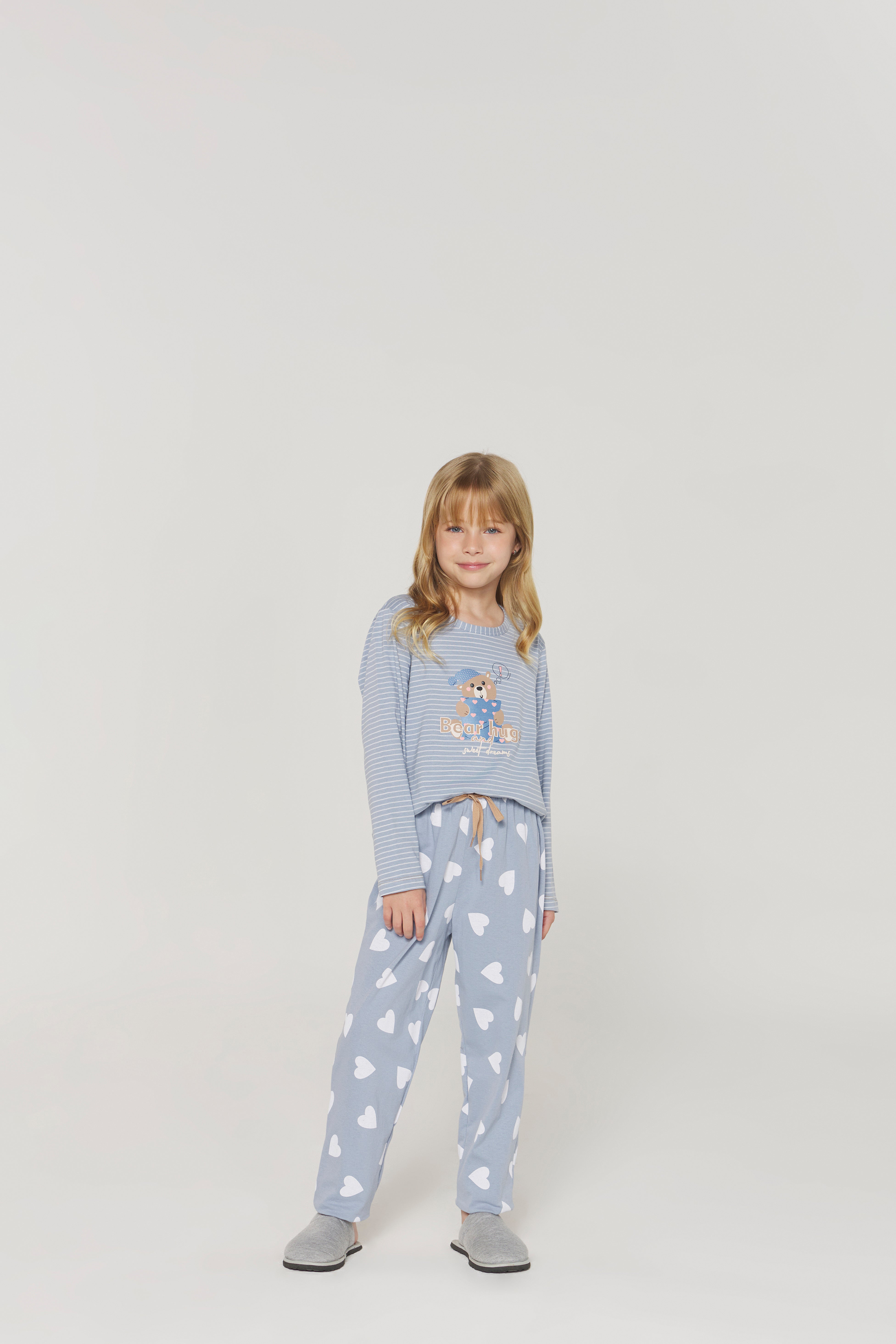 Pijama Feminino Infantil Manga Longa com Calça Listra Coração – Danka® 01.2.0386