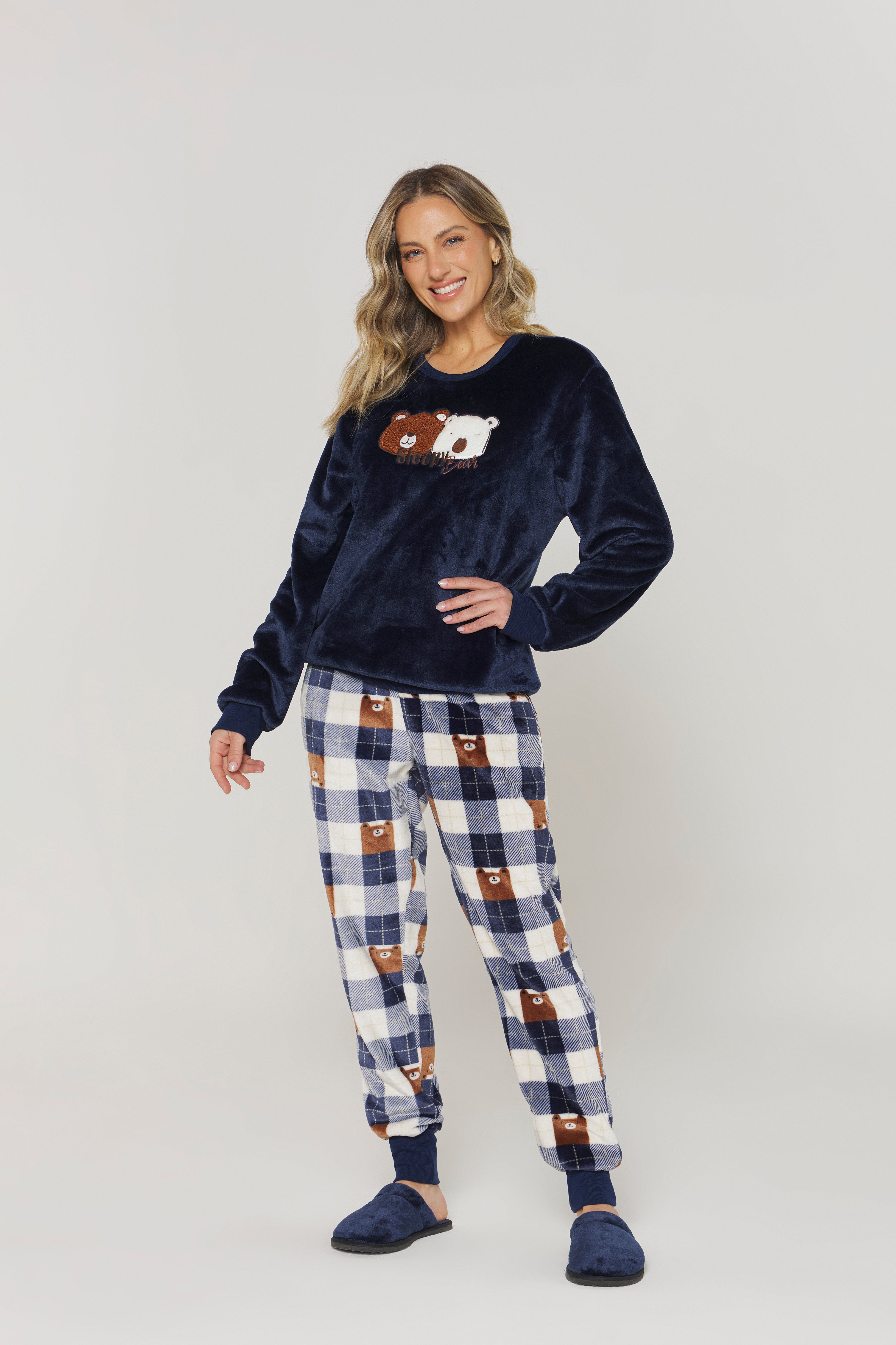 Pijama Feminino Manga Longa com Calça Urso Marinho Fleece – Danka® 01.2.0393