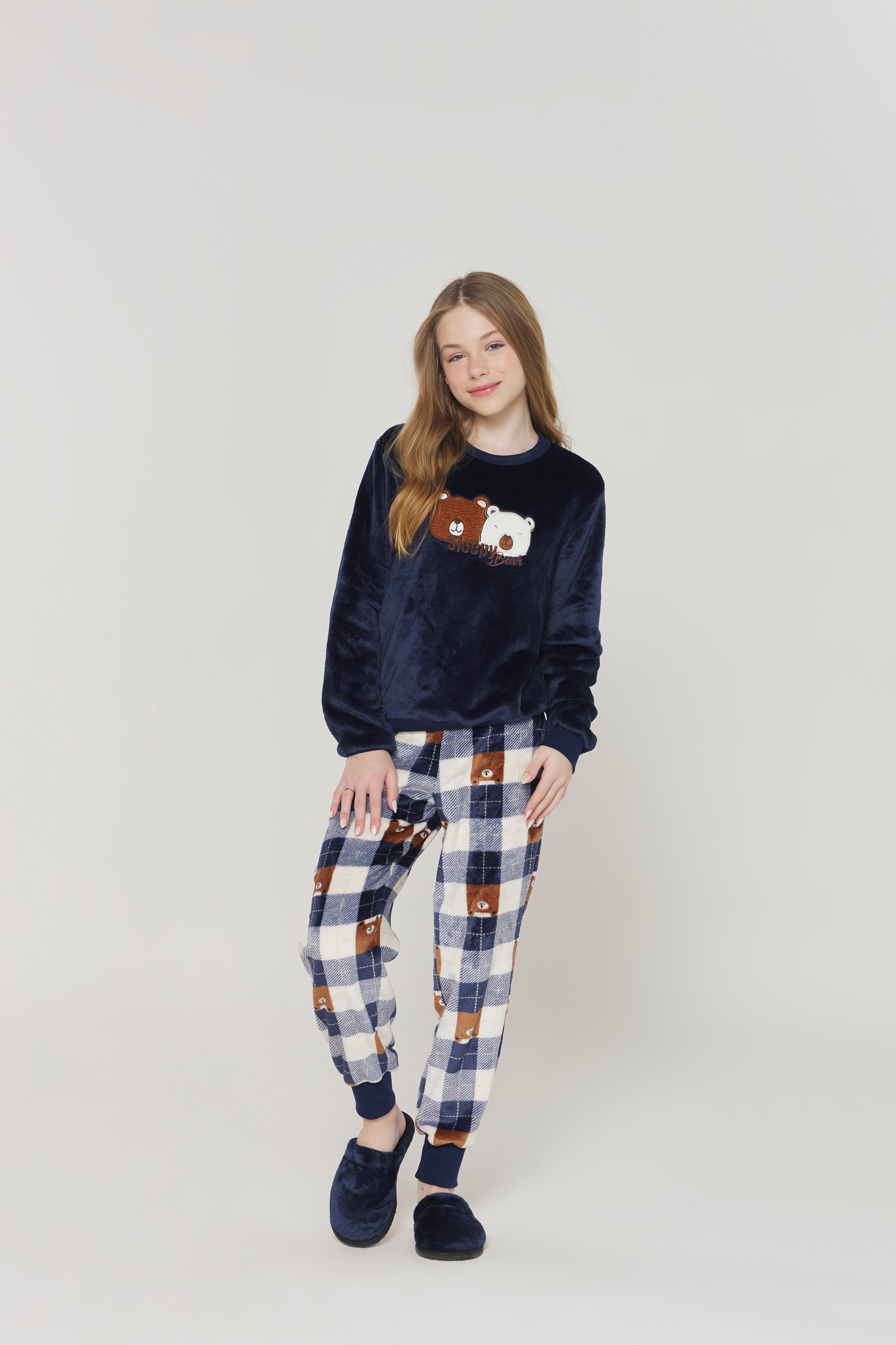 Pijama Feminino Infantil Manga Longa com Calça Urso Marinho Fleece – Danka® 01.2.0395