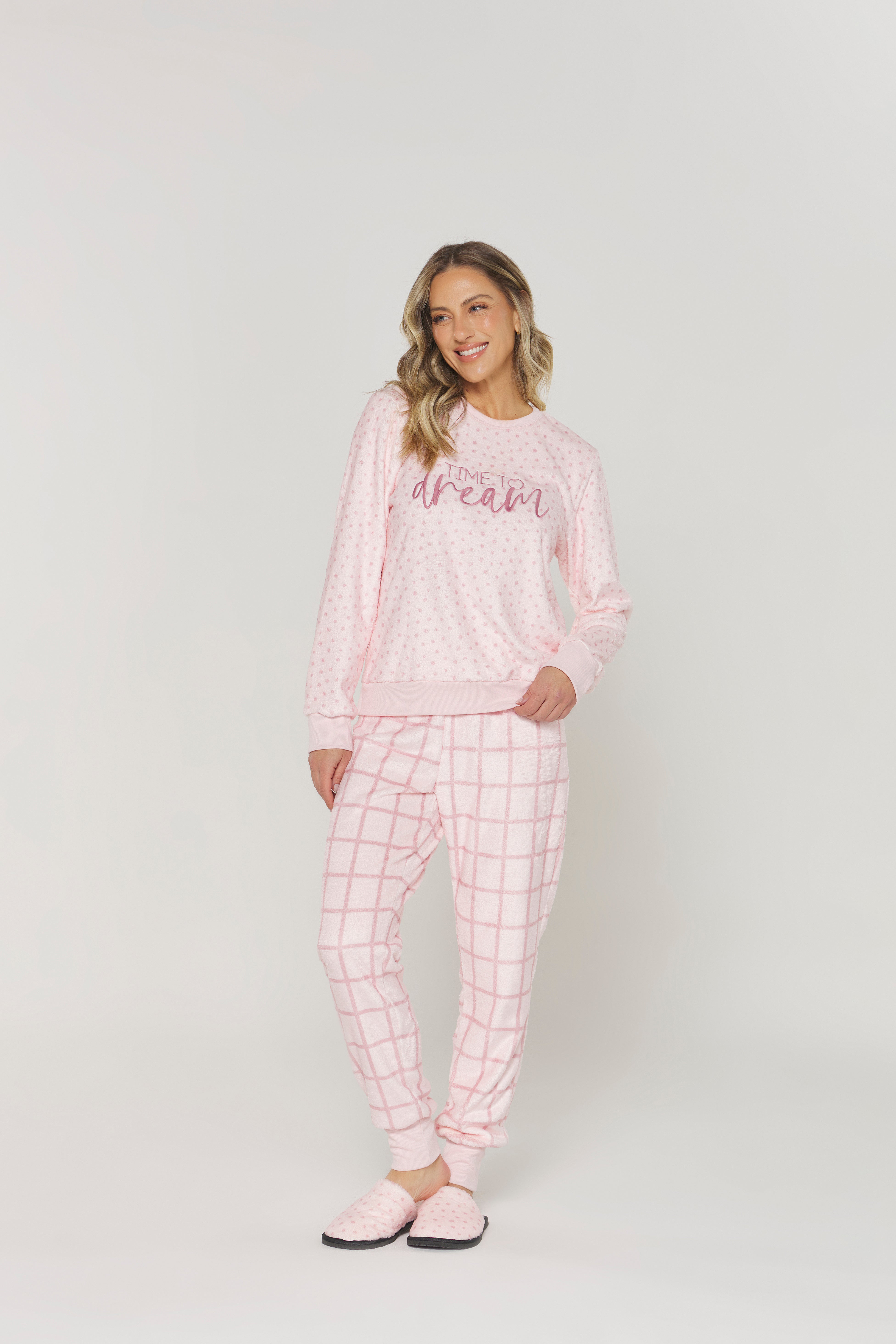 Pijama Manga Longa com Calça Poá Rosa – Danka® 01.2.0403