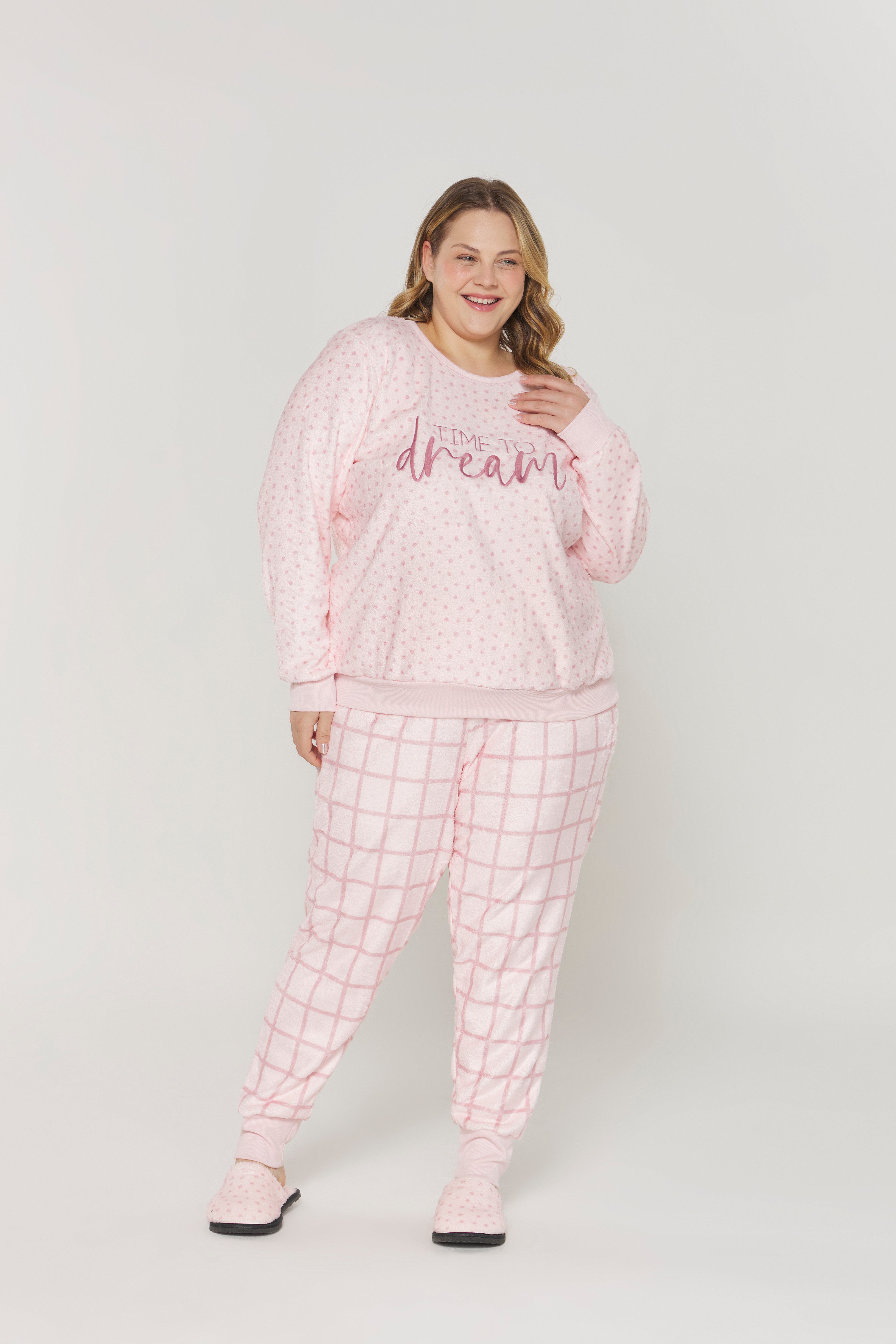 Pijama Manga Longa com Calça Poá Rosa Plus Size – Danka® 01.2.0404