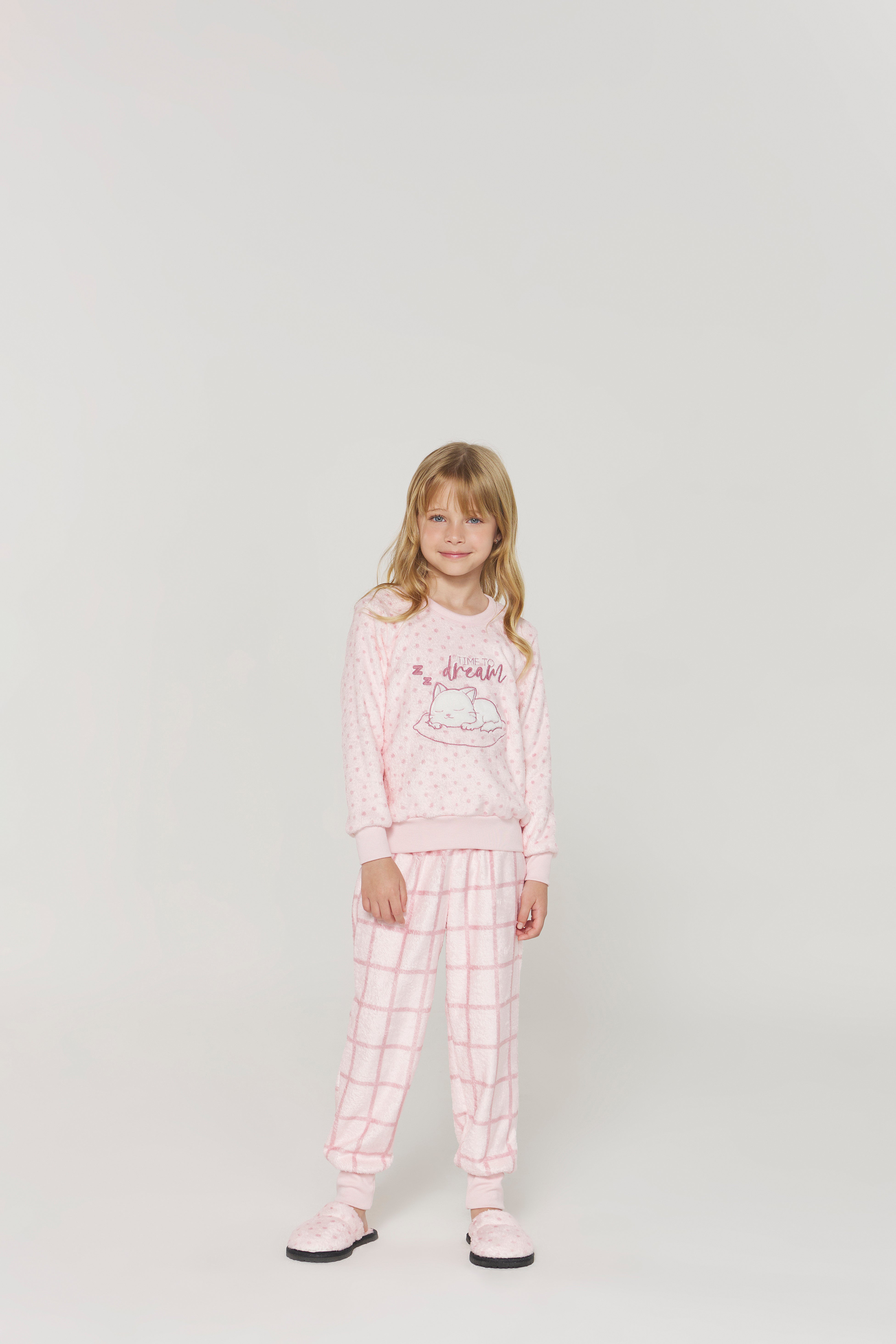 Pijama Feminino Infantil Manga Longa com Calça Poá Rosa Fleece – Danka® 01.2.0406