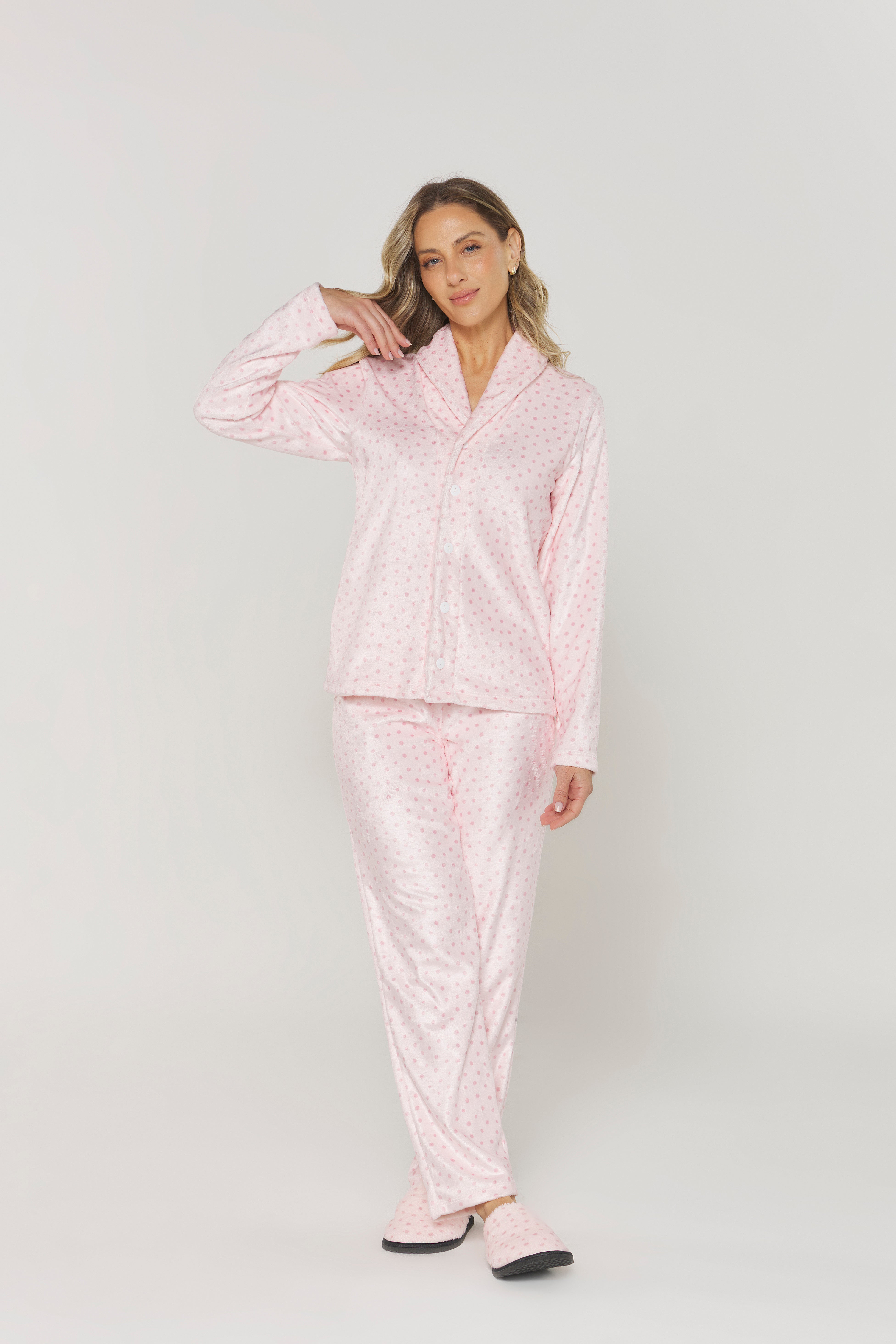 Pijama Americano Manga Longa com Calça Poá Rosa Fleece – Danka® 01.2.0409