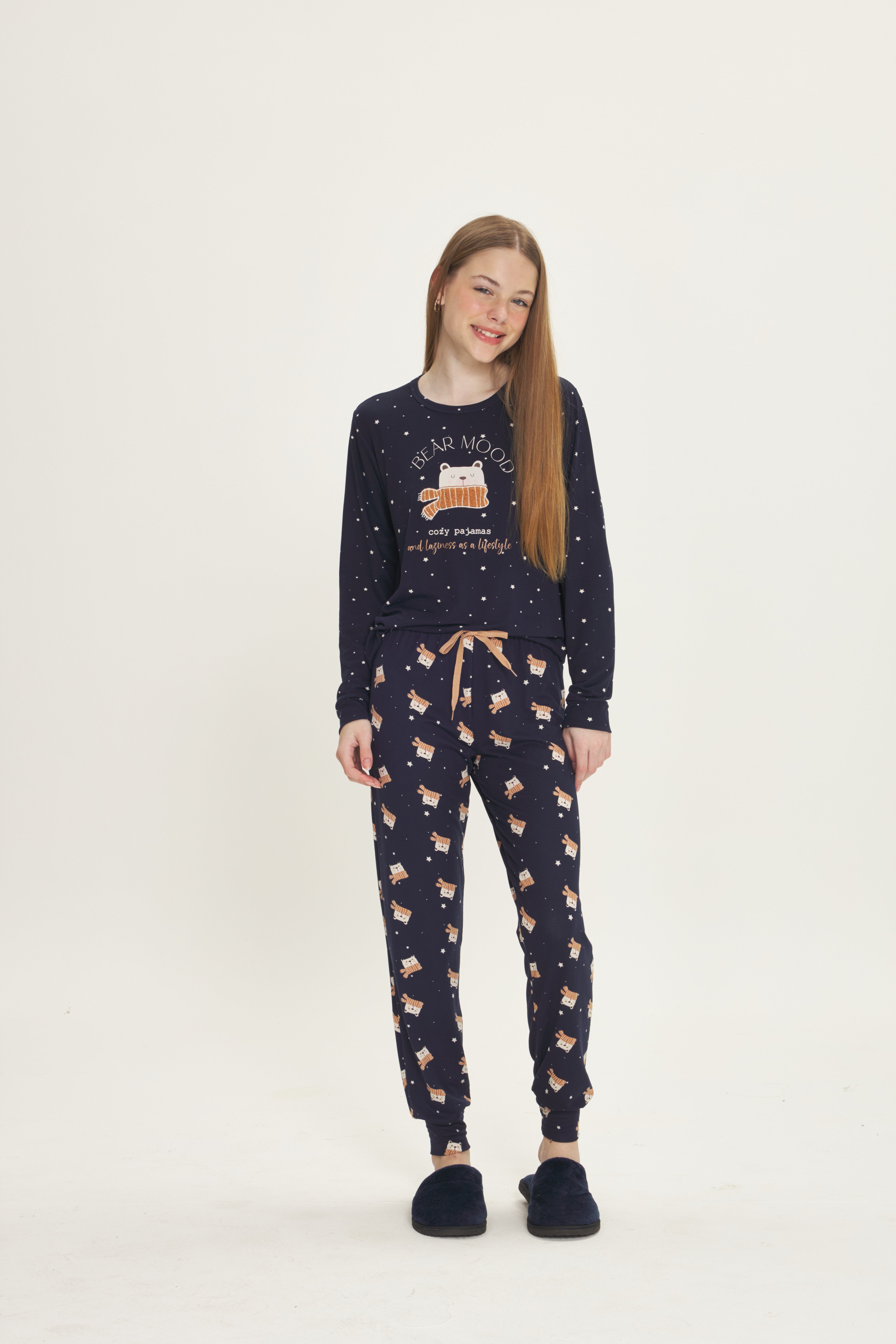 Pijama Infantil Feminino Manga Longa com Calça Peach Touch Estrela Azul Marinho – Danka® 01.2.0490/91