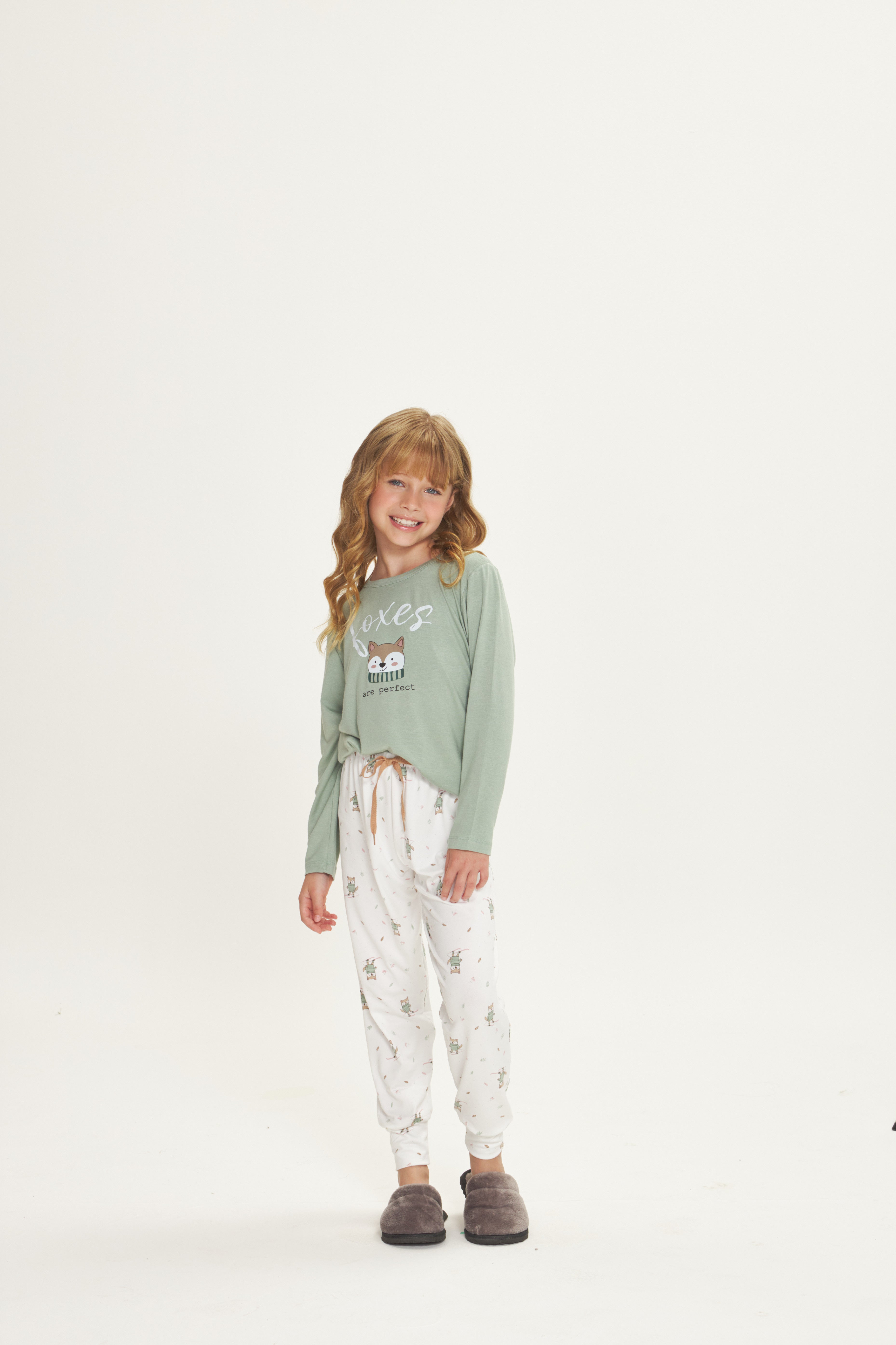 Pijama Infantil Feminino Manga Longa com Calça Peach Touch Estampa Raposa Verde – Danka® 01.2.0511/12