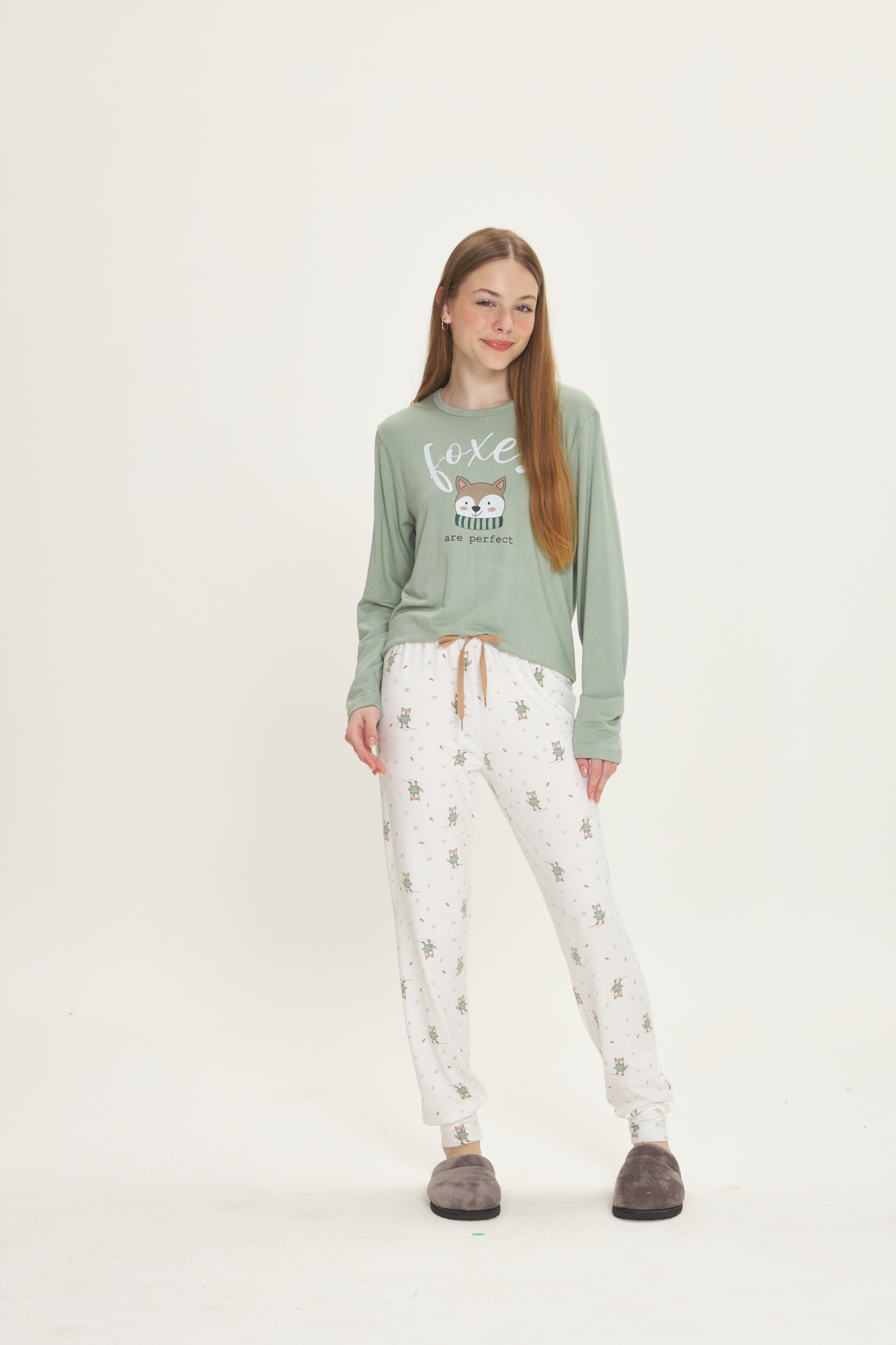 Pijama Infantil Feminino Manga Longa com Calça Peach Touch Estampa Raposa Verde – Danka® 01.2.0511/12