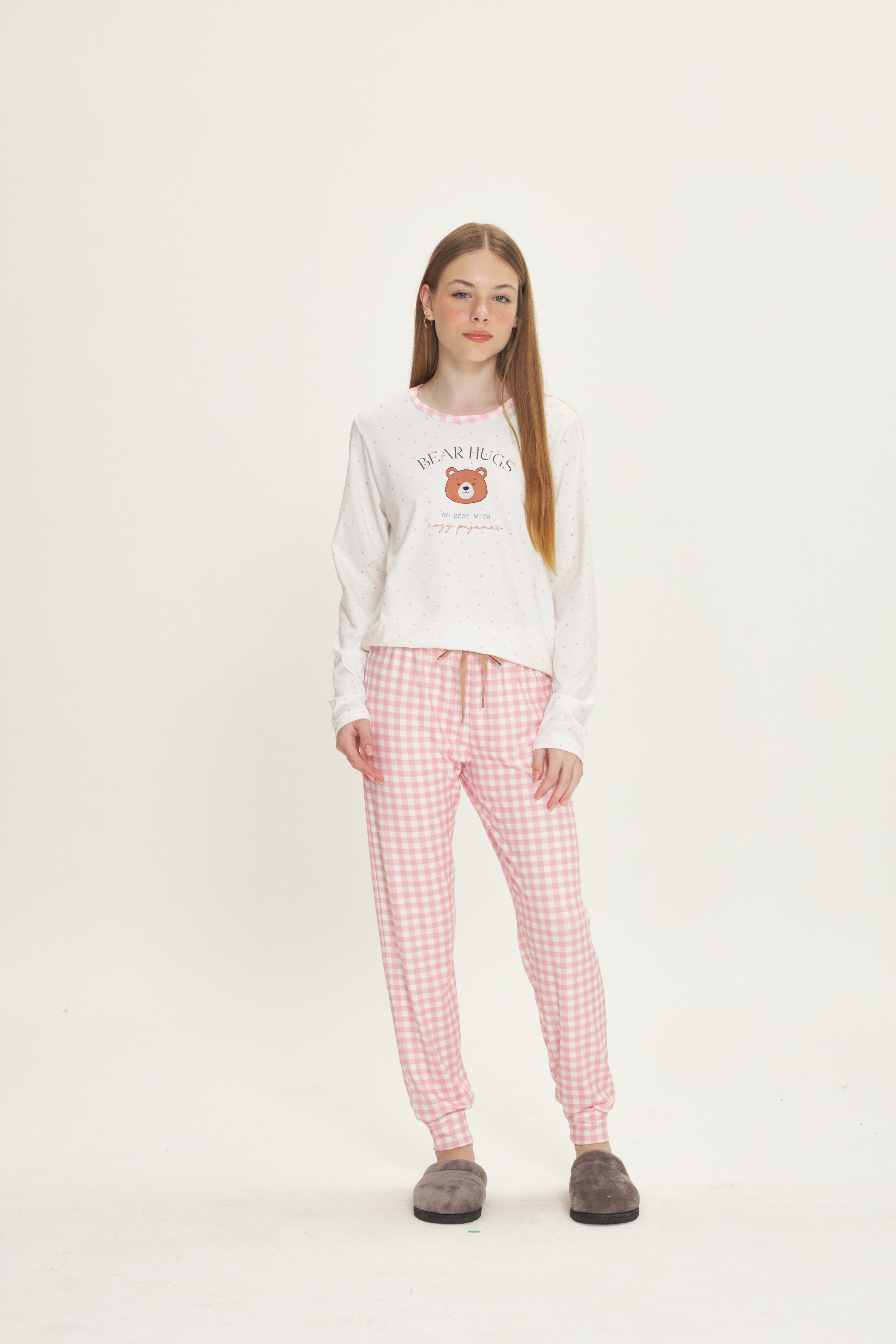 Pijama Infantil Feminino Manga Longa com Calça Peach Touch Poá e Xadrez Rosa – Danka® 01.2.0515/16