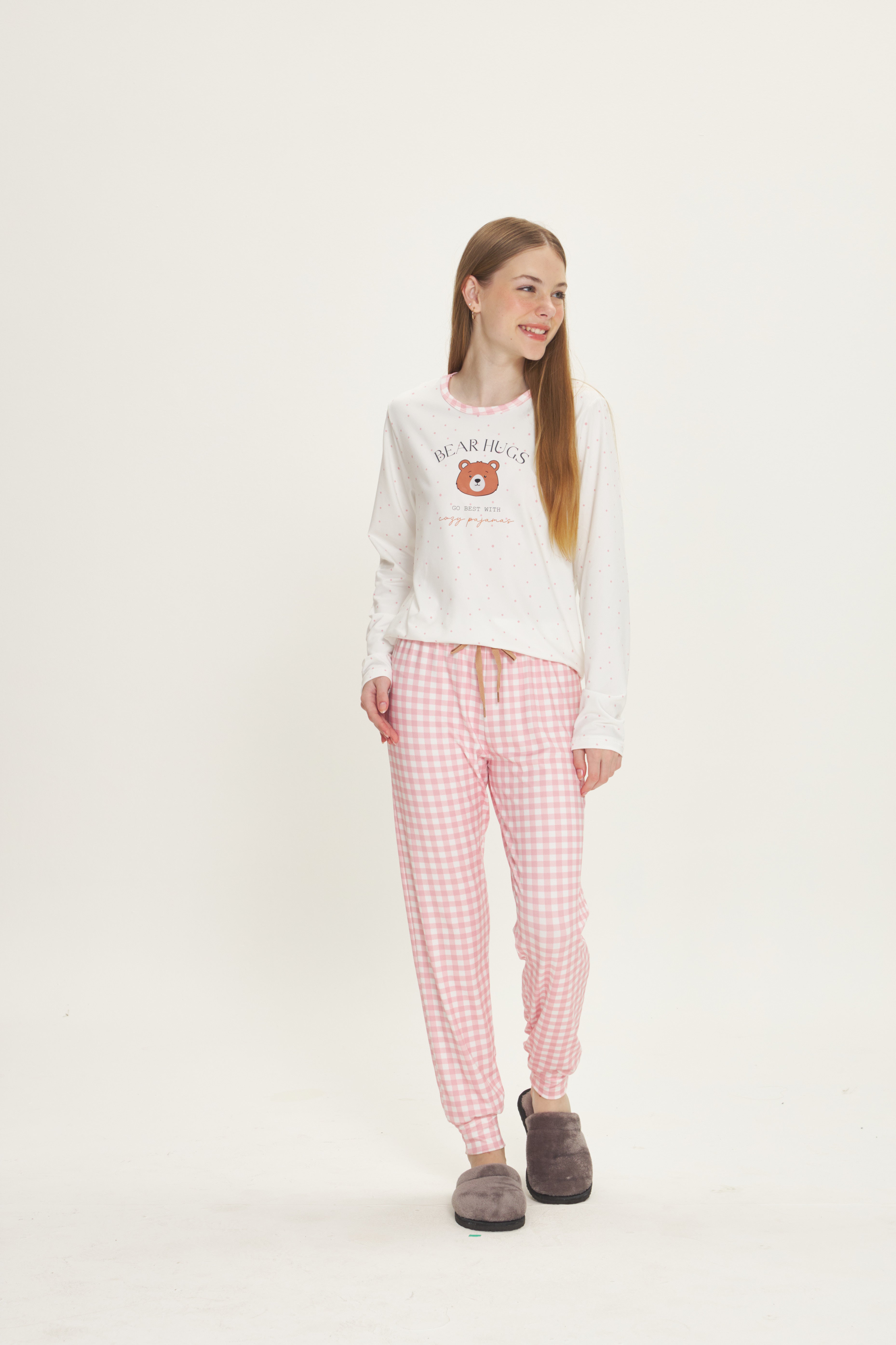 Pijama Infantil Feminino Manga Longa com Calça Peach Touch Poá e Xadrez Rosa – Danka® 01.2.0515/16