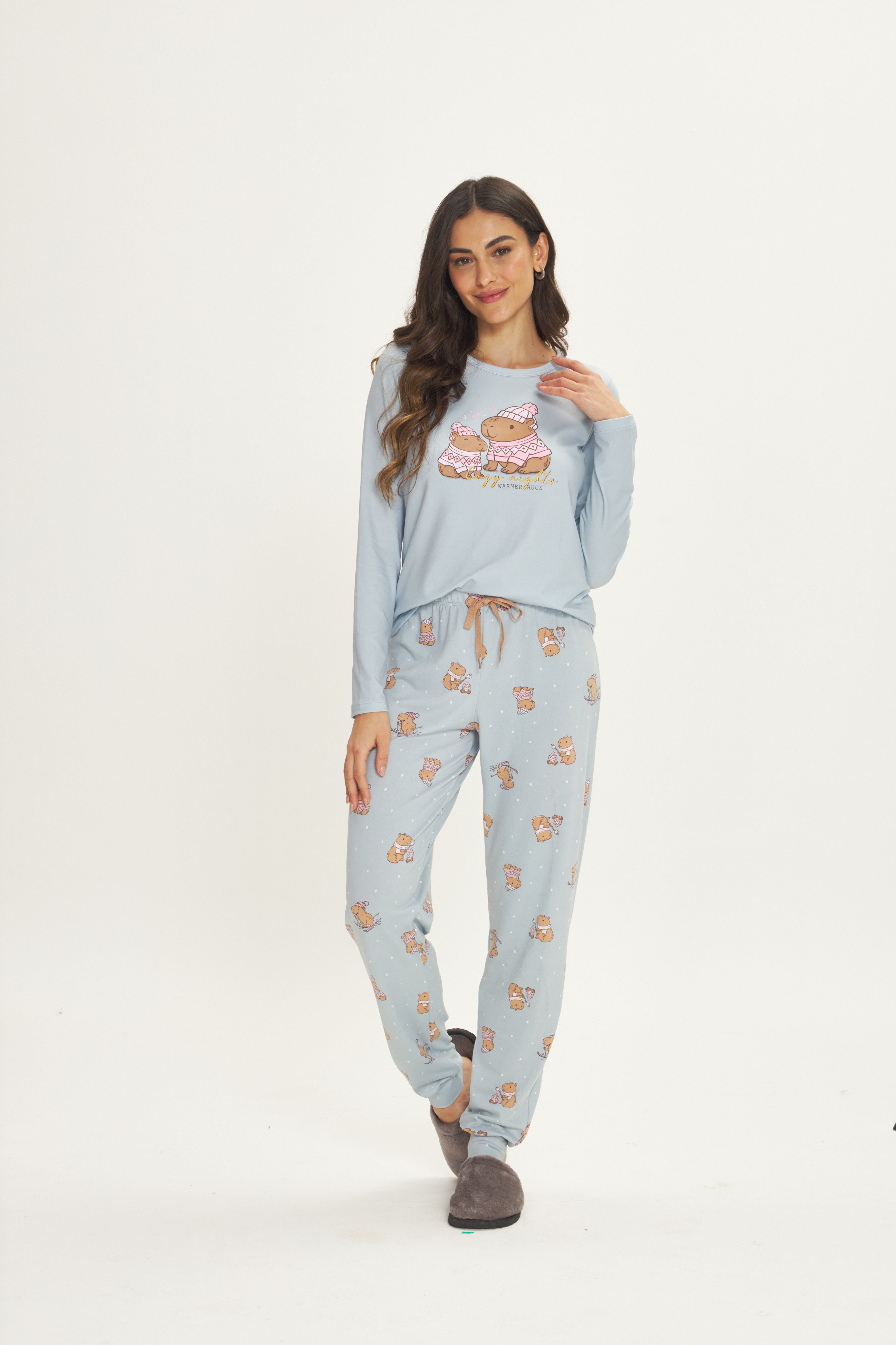 Pijama Jovial Manga Longa com Calça Peach Touch Azul Estampa Ursinhos – Danka® 01.2.0519