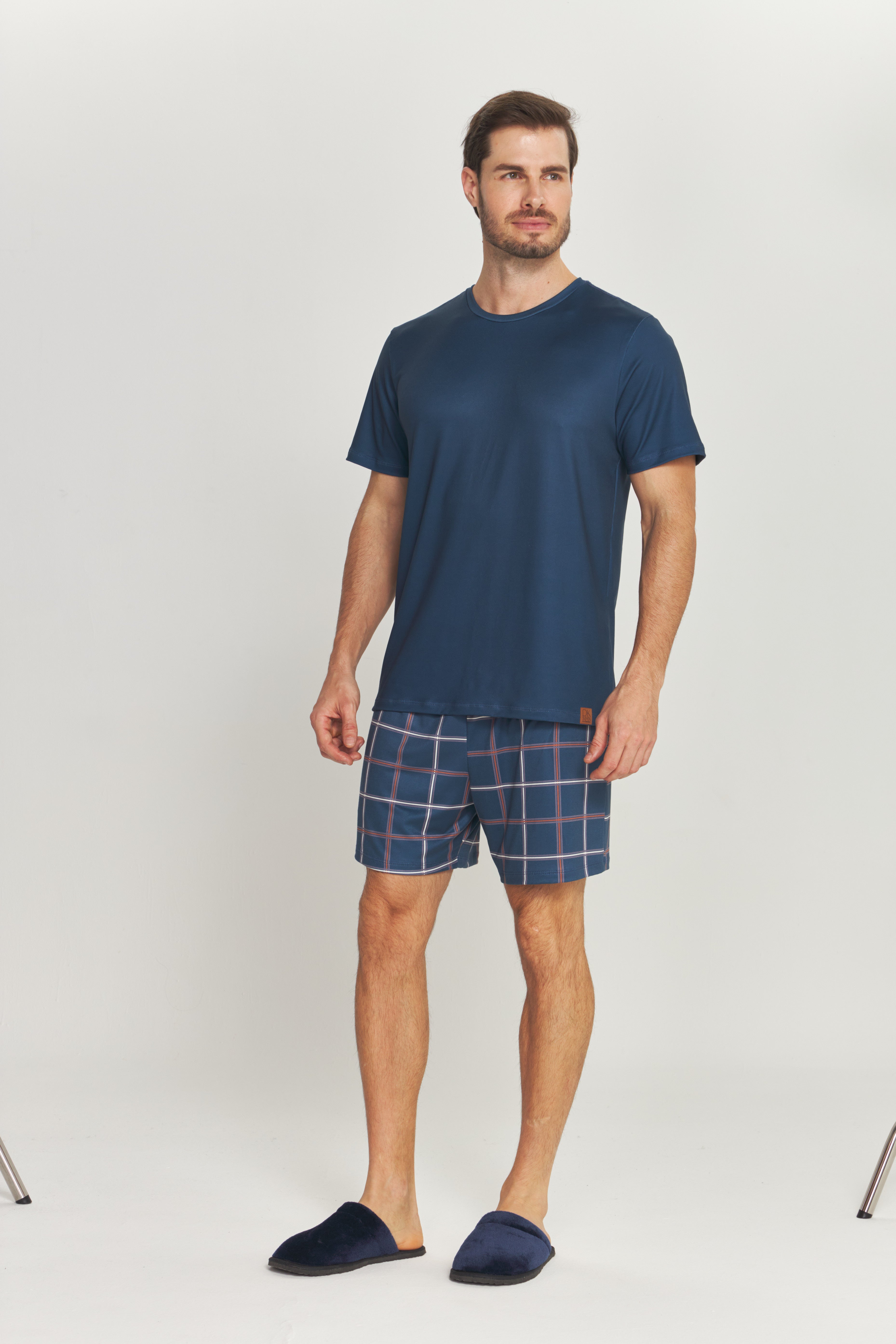Pijama Masculino Meia Manga com Bermuda Peach Touch Marinho Xadrez – Danka® 01.2.0527