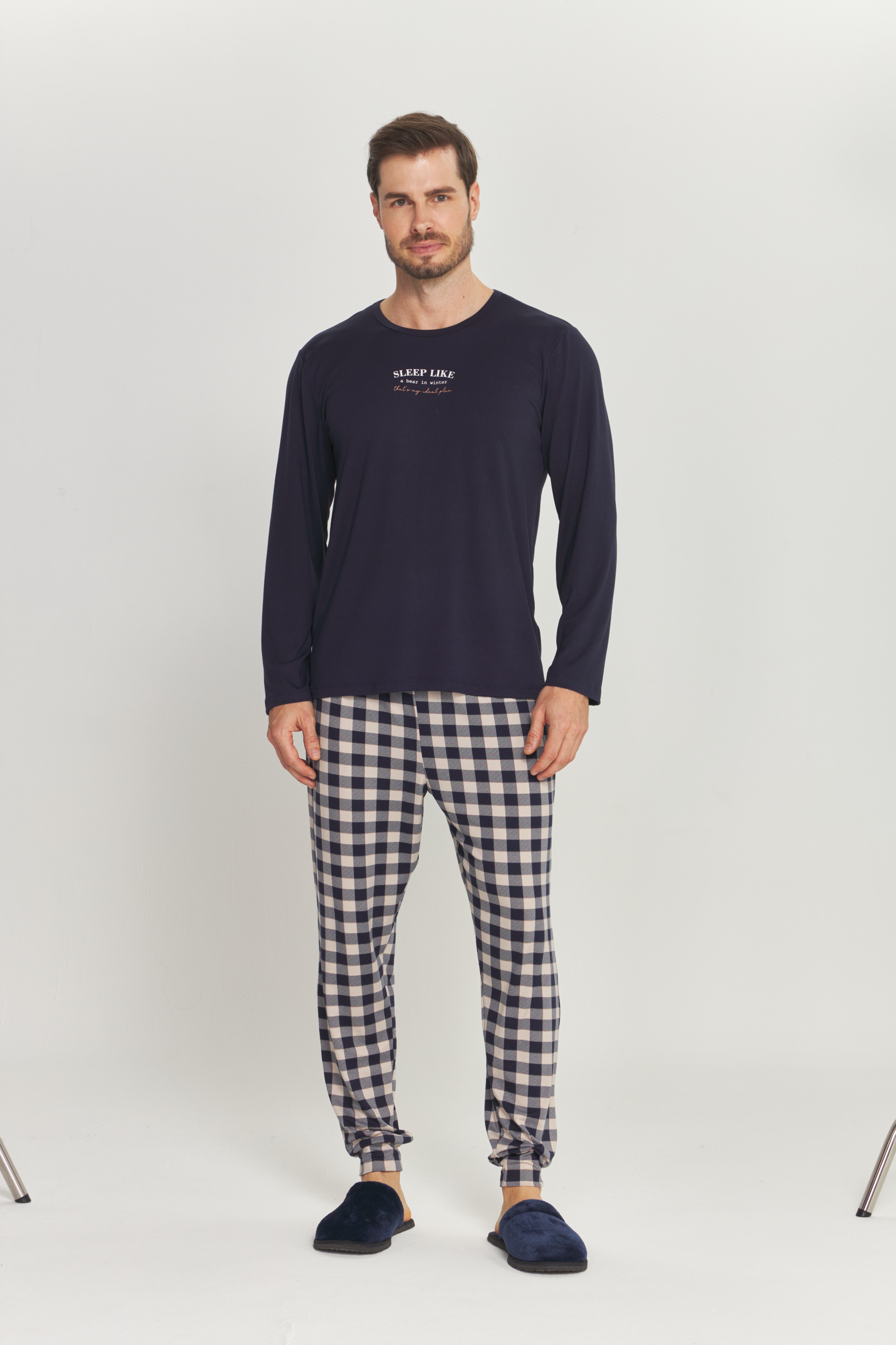 Pijama Masculino Manga Longa com Calça Peach Touch Xadrez Marinho – Danka® 01.2.0615