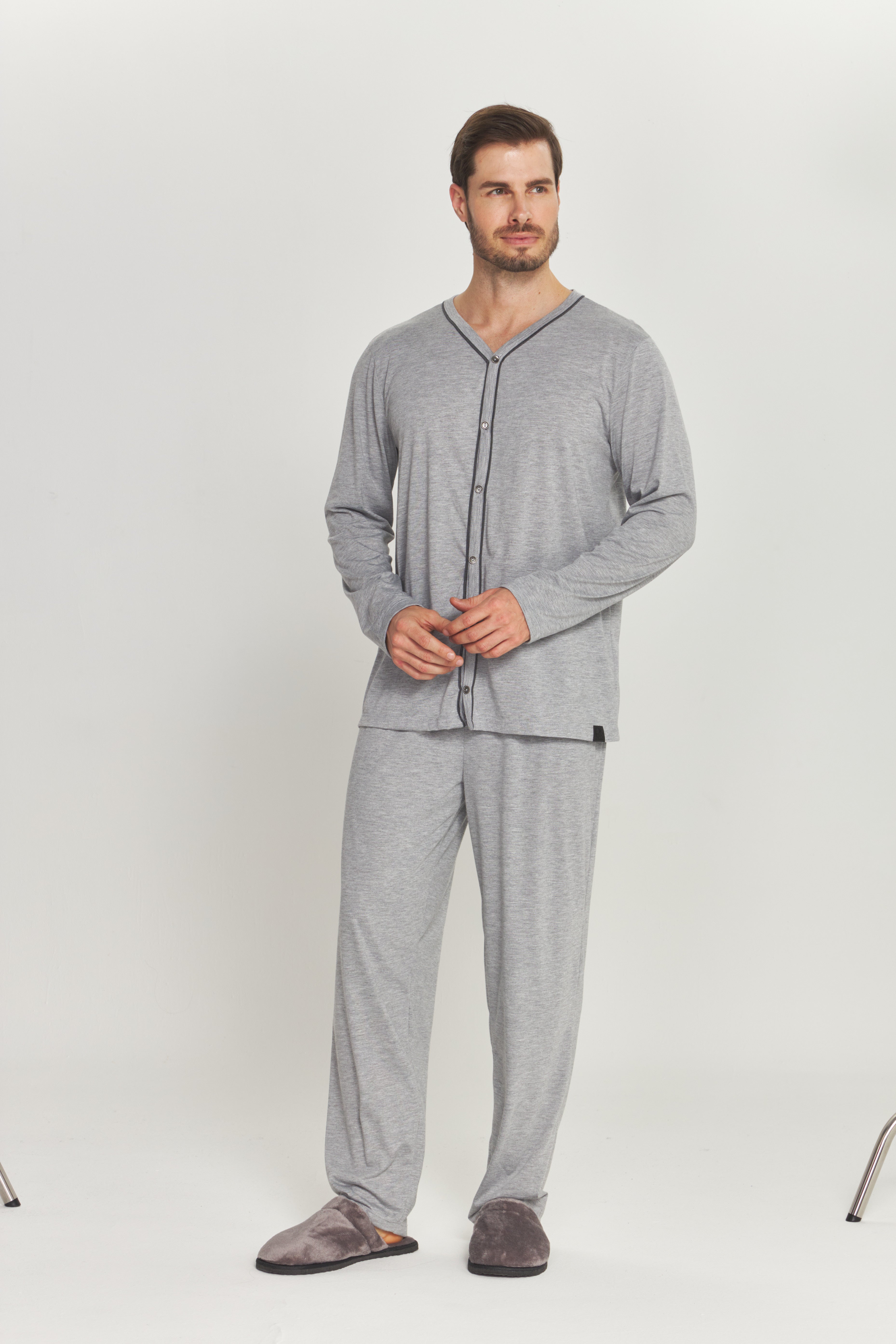 Pijama Masculino Manga Longa Aberto com Calça em Poliviscose Mescla – Danka® 01.2.0629