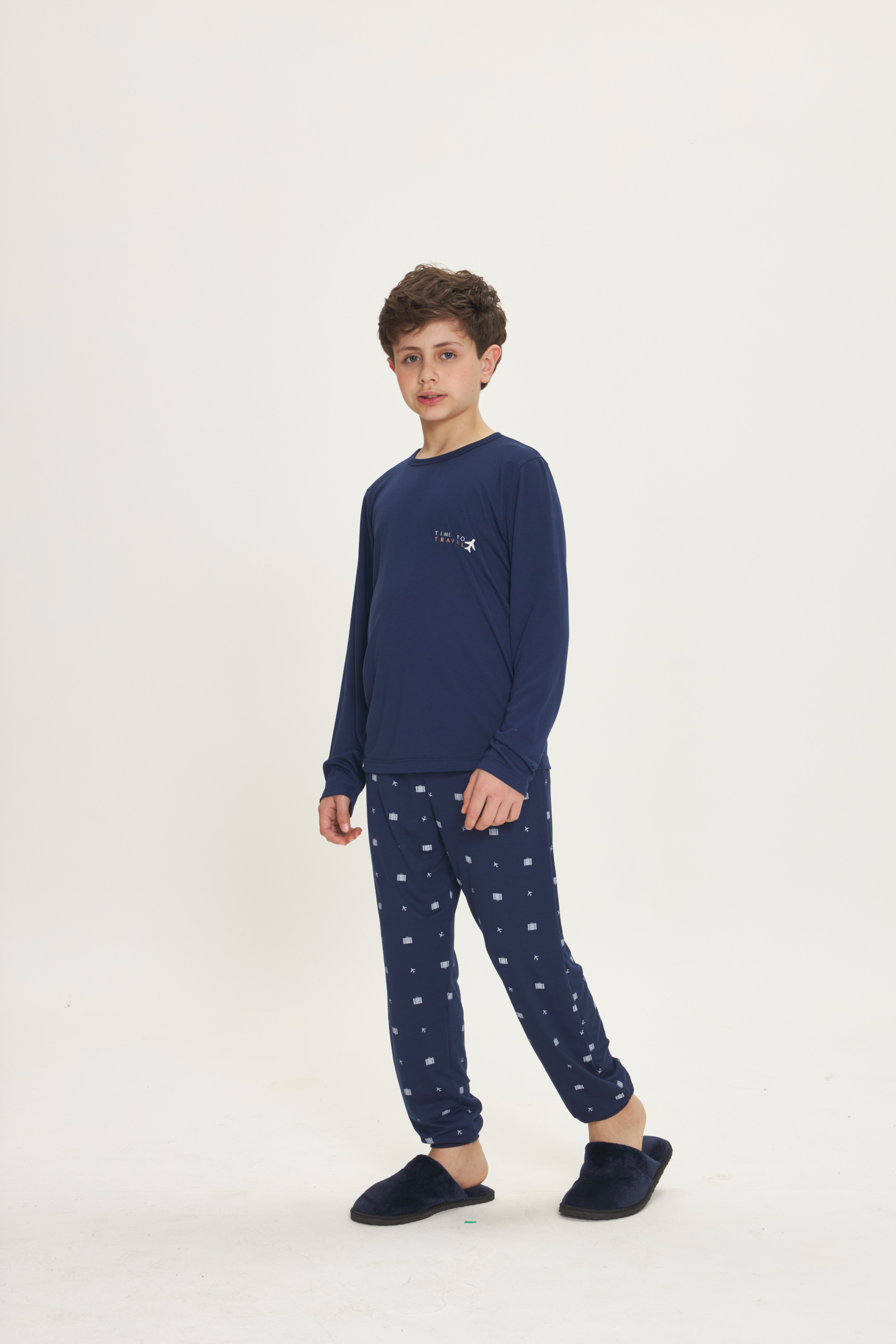 Pijama Infantil Masculino Manga Longa com Calça Poliviscose Marinho Time to Travel – Danka® 01.2.0633/34