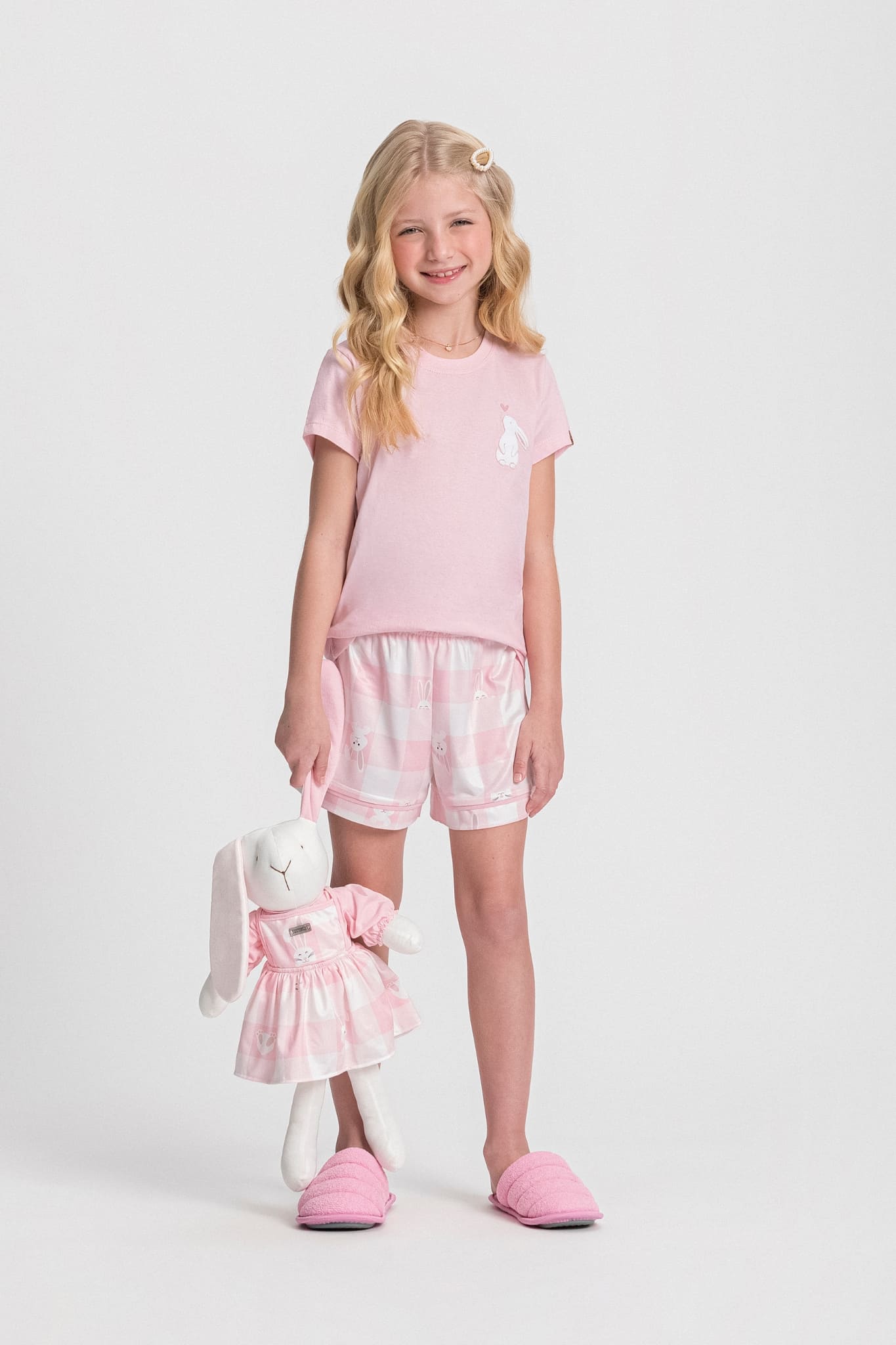 Pijama Infantil Feminino Meia Manga com Short Feliz Coelho - Mensageiro Dos Sonhos® 132042