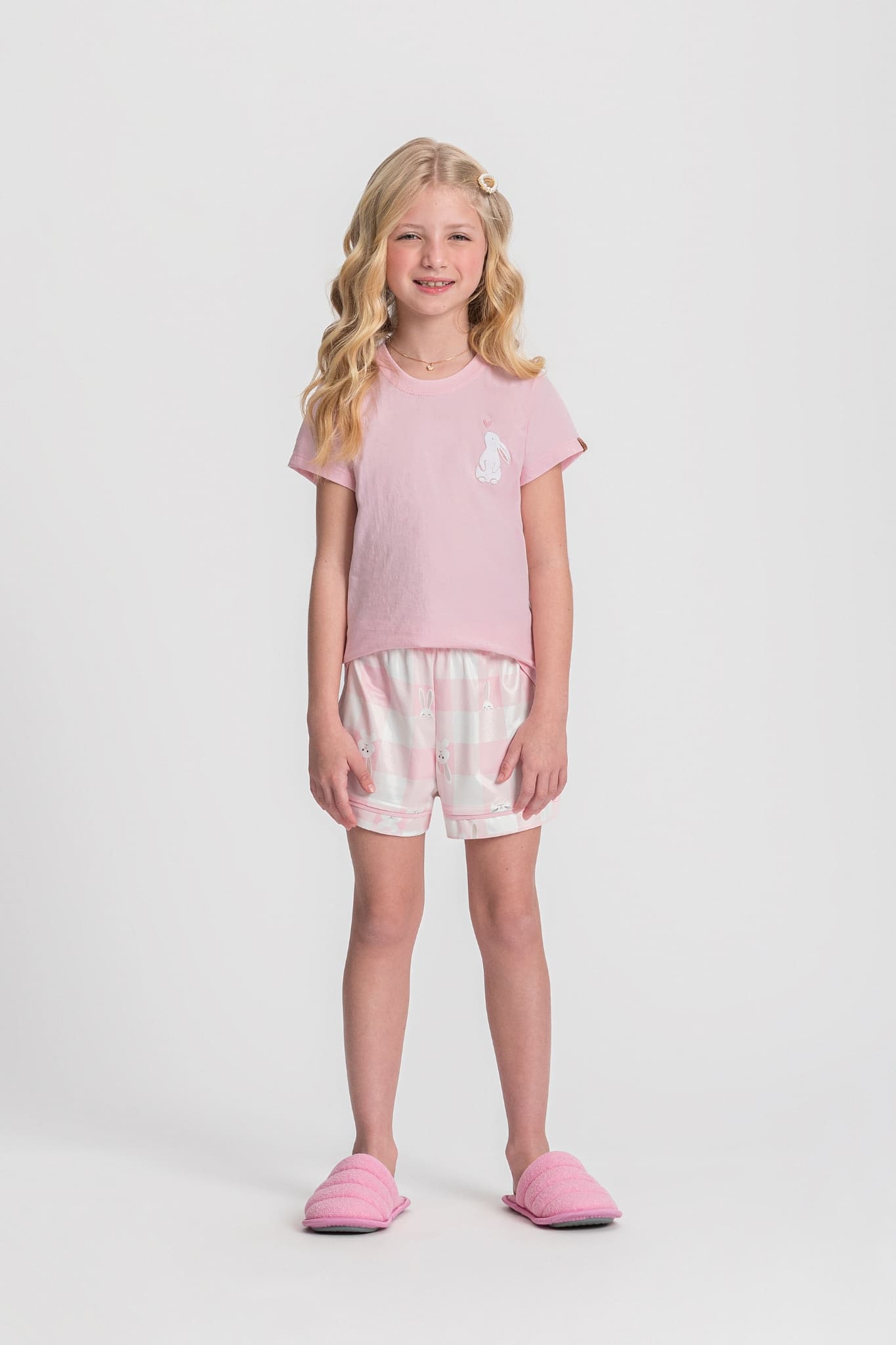 Pijama Infantil Feminino Meia Manga com Short Feliz Coelho - Mensageiro Dos Sonhos® 132042