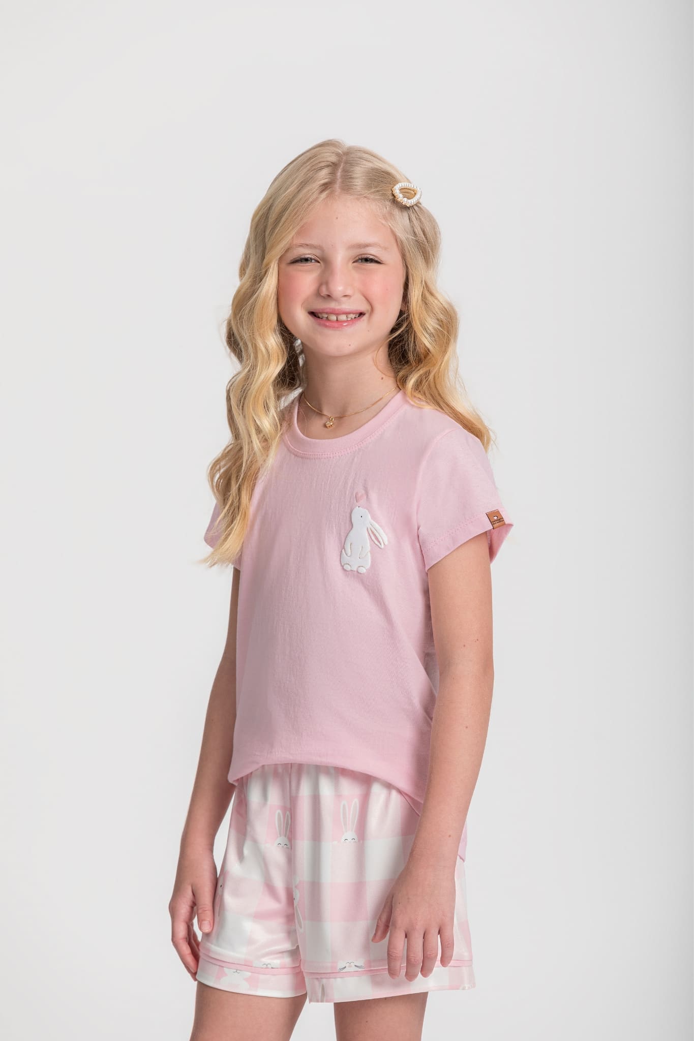 Pijama Infantil Feminino Meia Manga com Short Feliz Coelho - Mensageiro Dos Sonhos® 132042