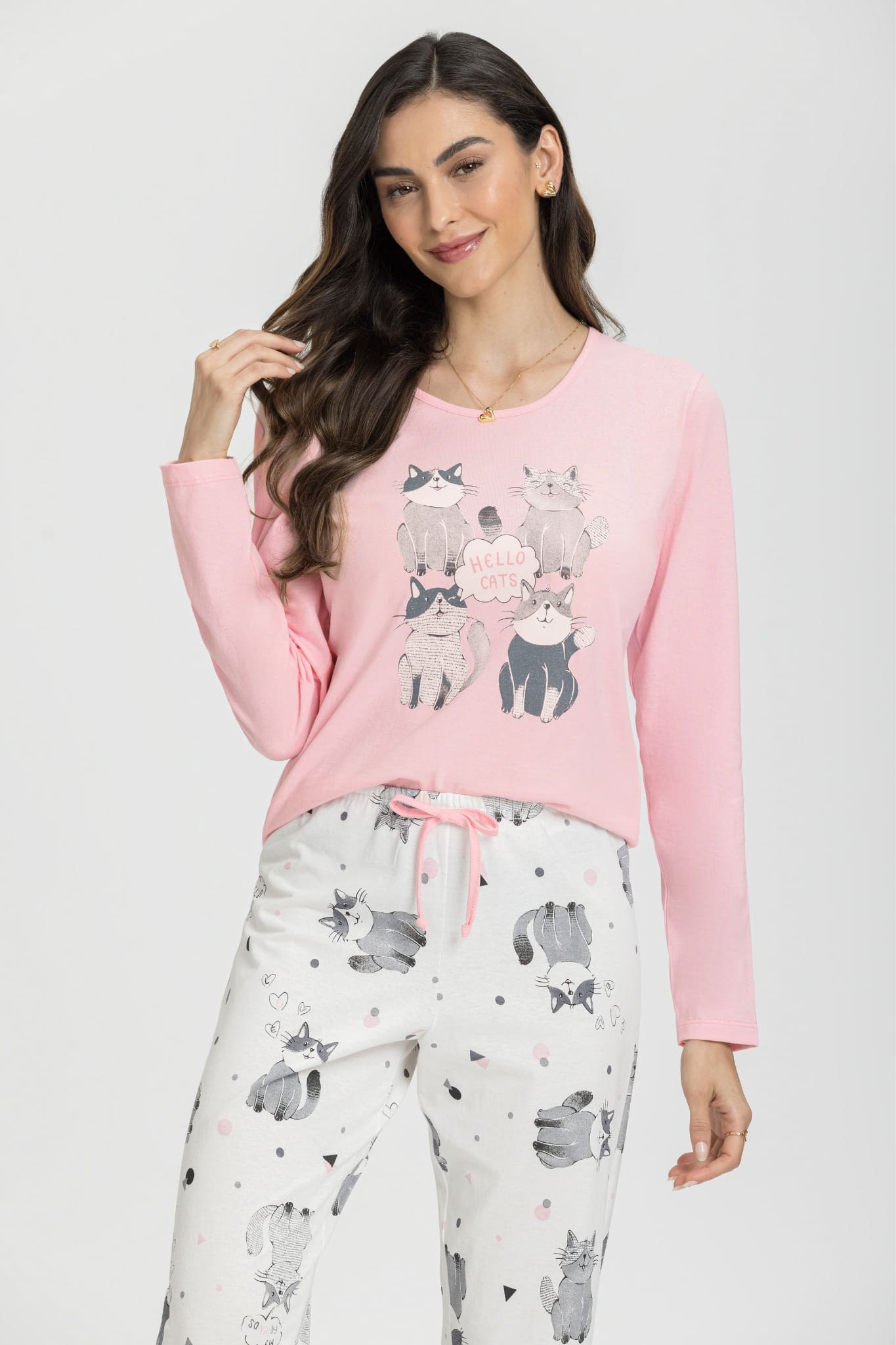 Pijama Manga Longa com Calça Hello Cats – 034148