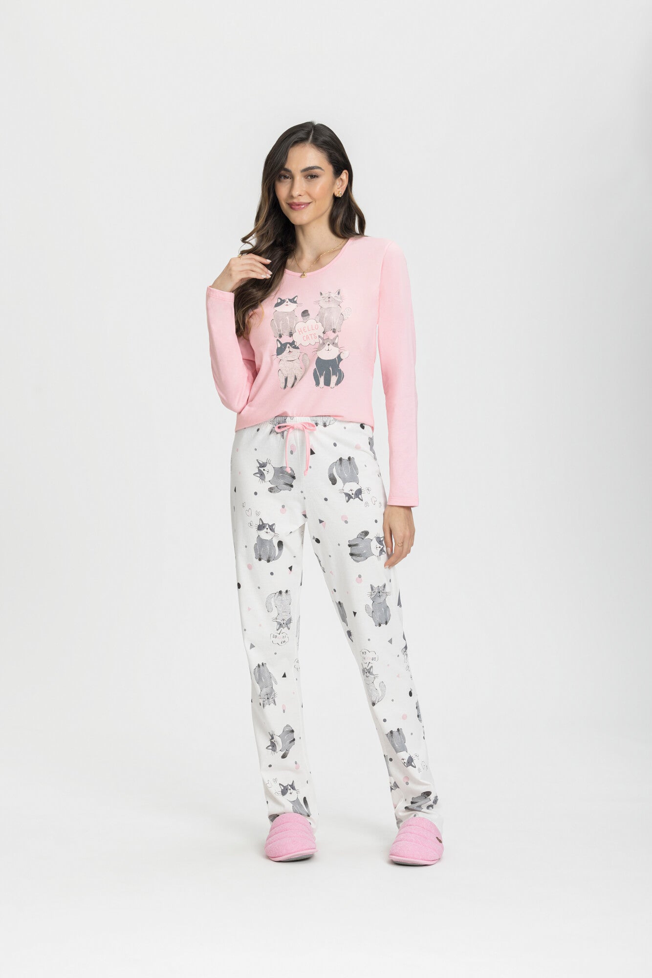 Pijama Manga Longa com Calça Hello Cats – 034148