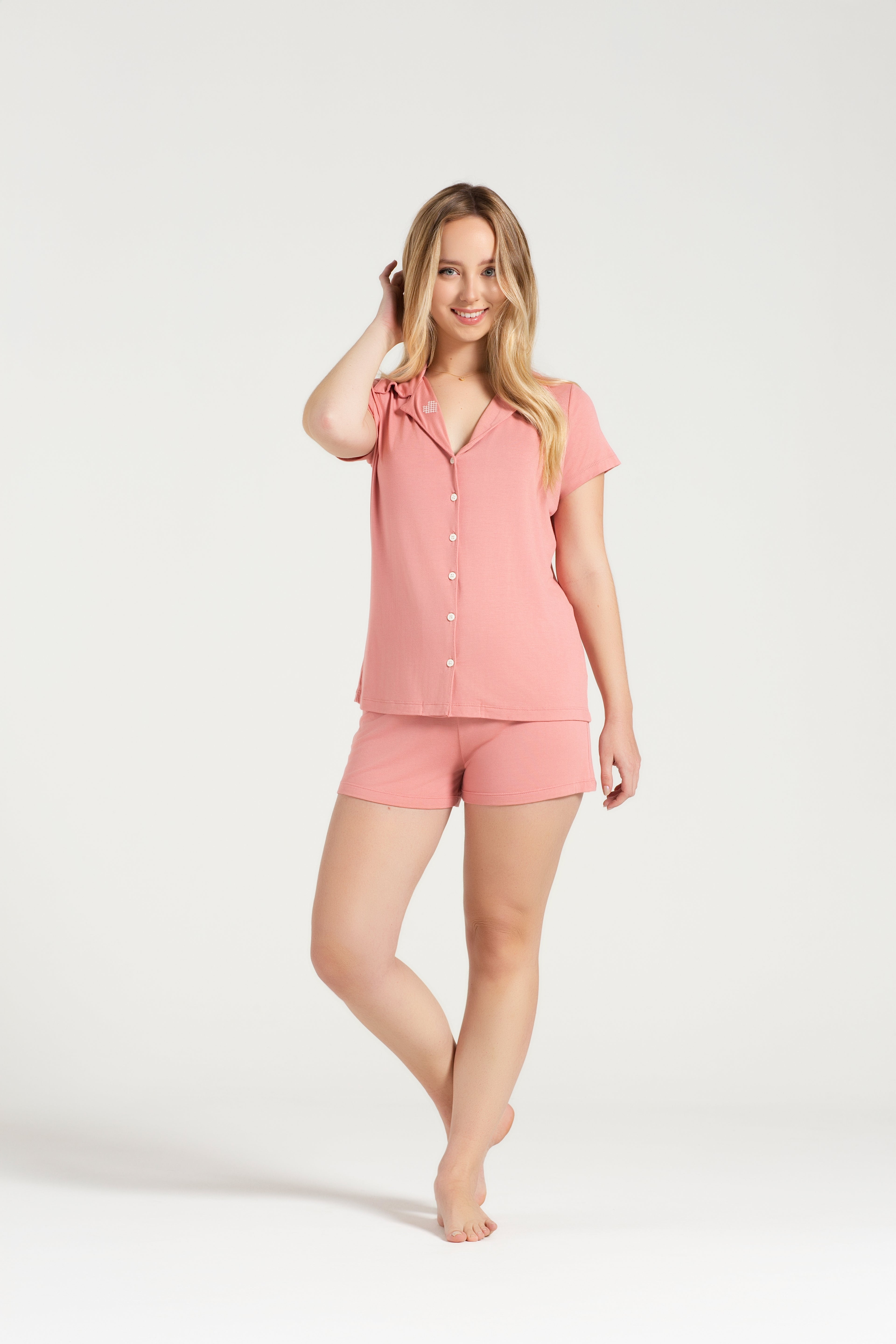 Pijama Feminino Básico Meia Manga com Short Rosa em Viscolycra – Pzama® 040586