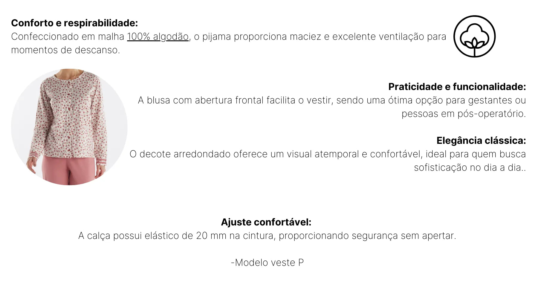 Pijama Manga Longa Abertura Frontal Floral com Calça Lisa – Pzama® 050271