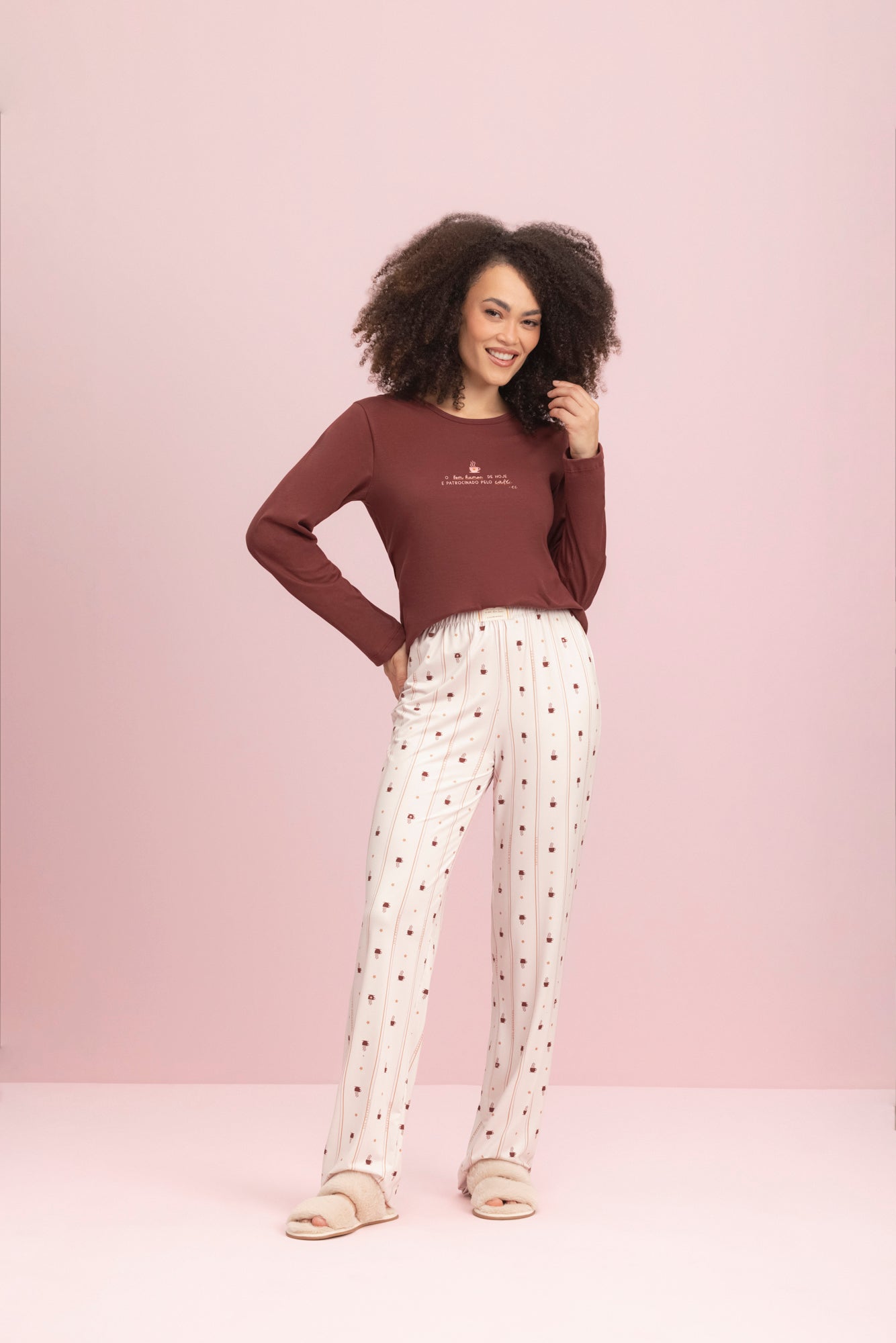 Pijama Feminino Manga Longa com Calça Café – Lua Encantada® 10100290