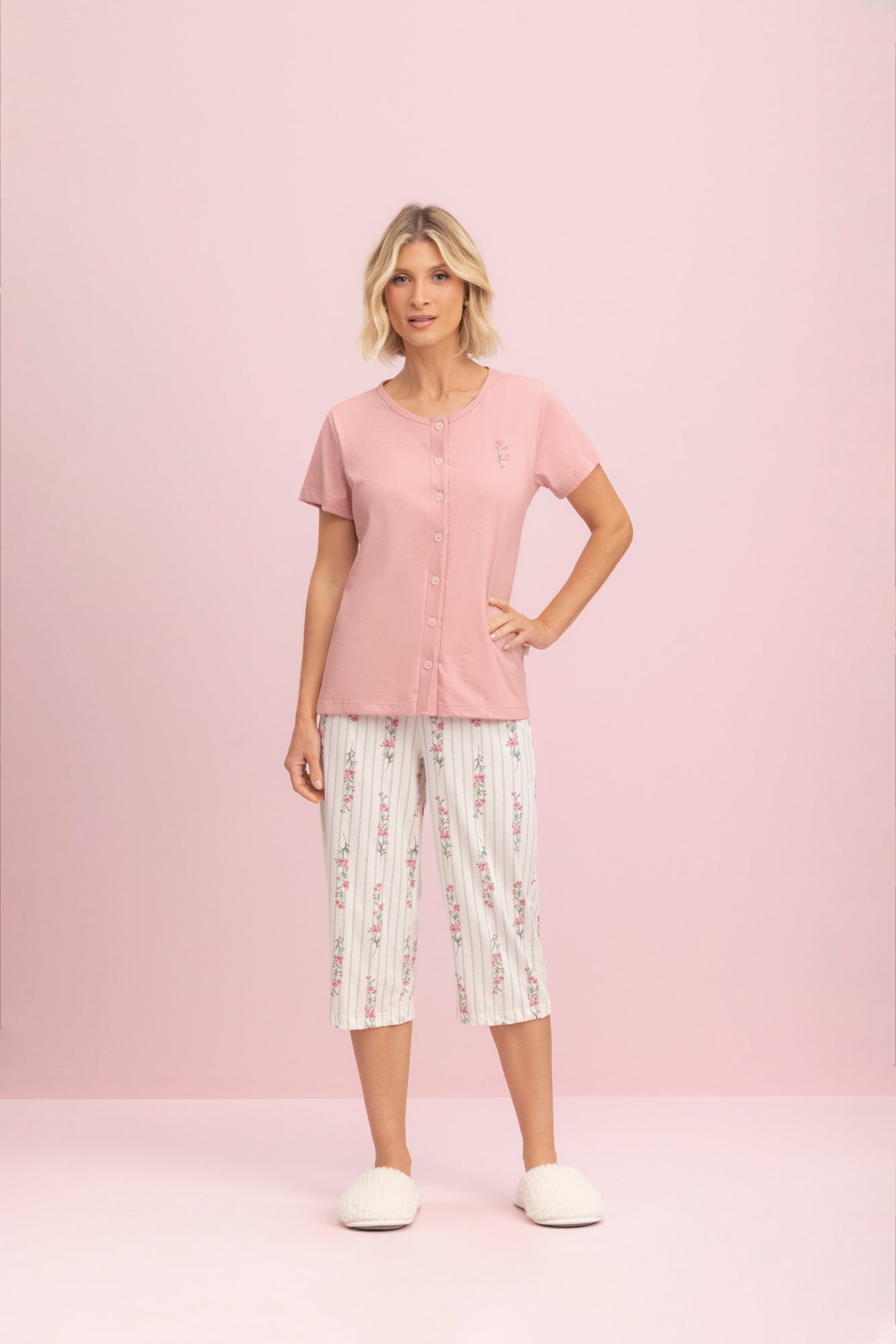 Pijama Feminino Meia Manga com Calça Capri Aberta Veneza - Lua Encantada® 10140094