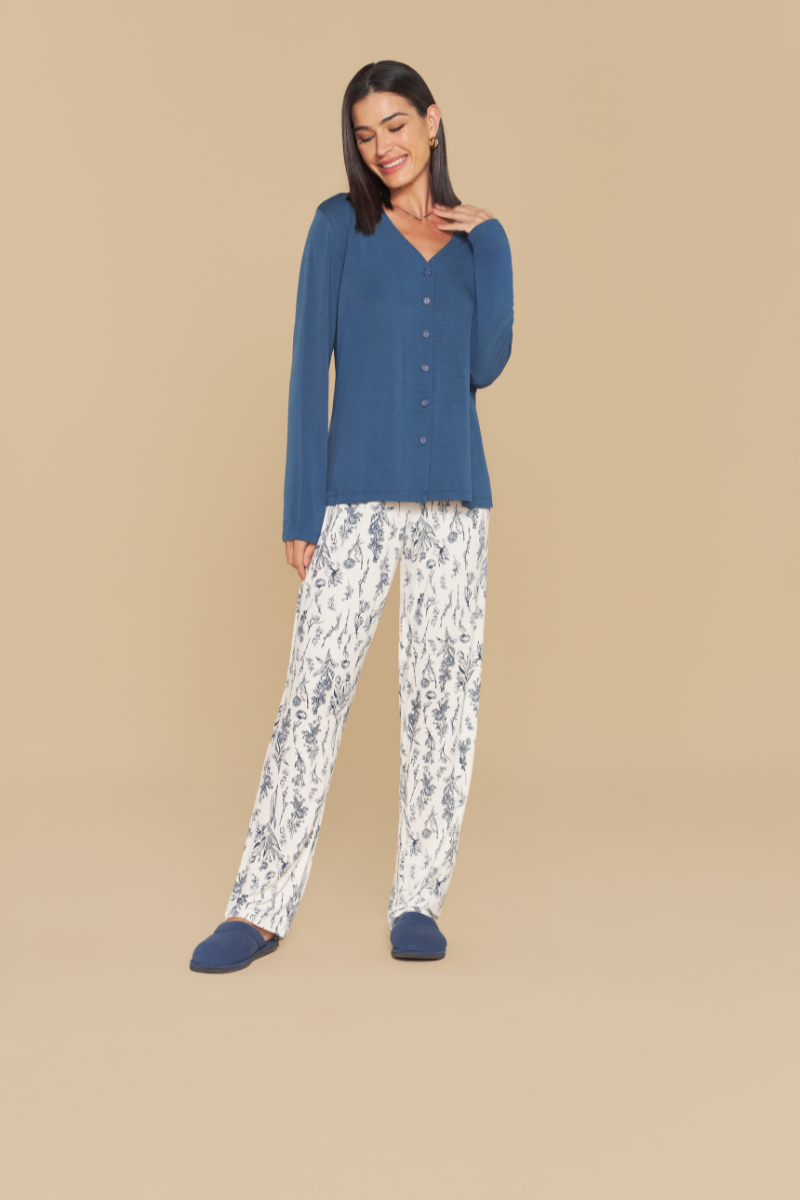 Pijama Senhora Manga Longa com Calça Aberto em Viscolycra Floral – Sensare® 140184
