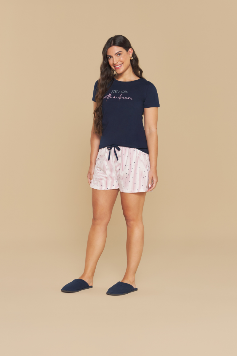 Pijama Básico Meia Manga com Short em Algodão Shine Azul Marinho Listrado – Sensare® 130293