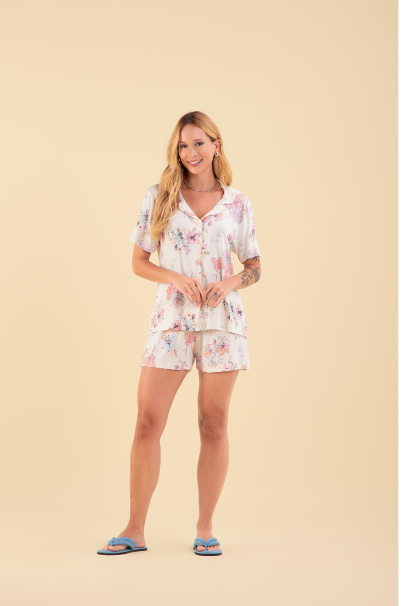 Pijama Senhora Meia Manga com Short Aberto Viscolycra Floral – Sensare® 130076