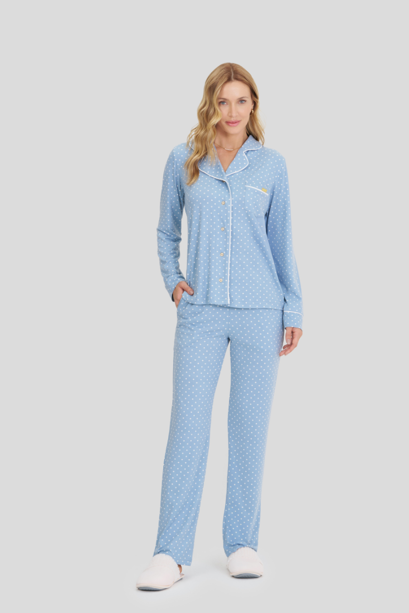 Pijama Básico Americano Manga Longa com Calça Touch Dreams Amanhecer Poá Azul Claro – Mensageiro dos Sonhos® 0141538
