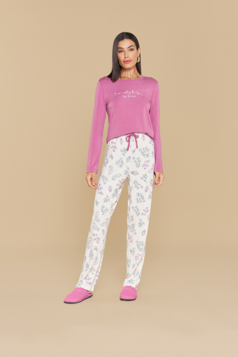 Pijama Senhora Manga Longa com Calça em Viscolycra Folhas – Sensare® 140216