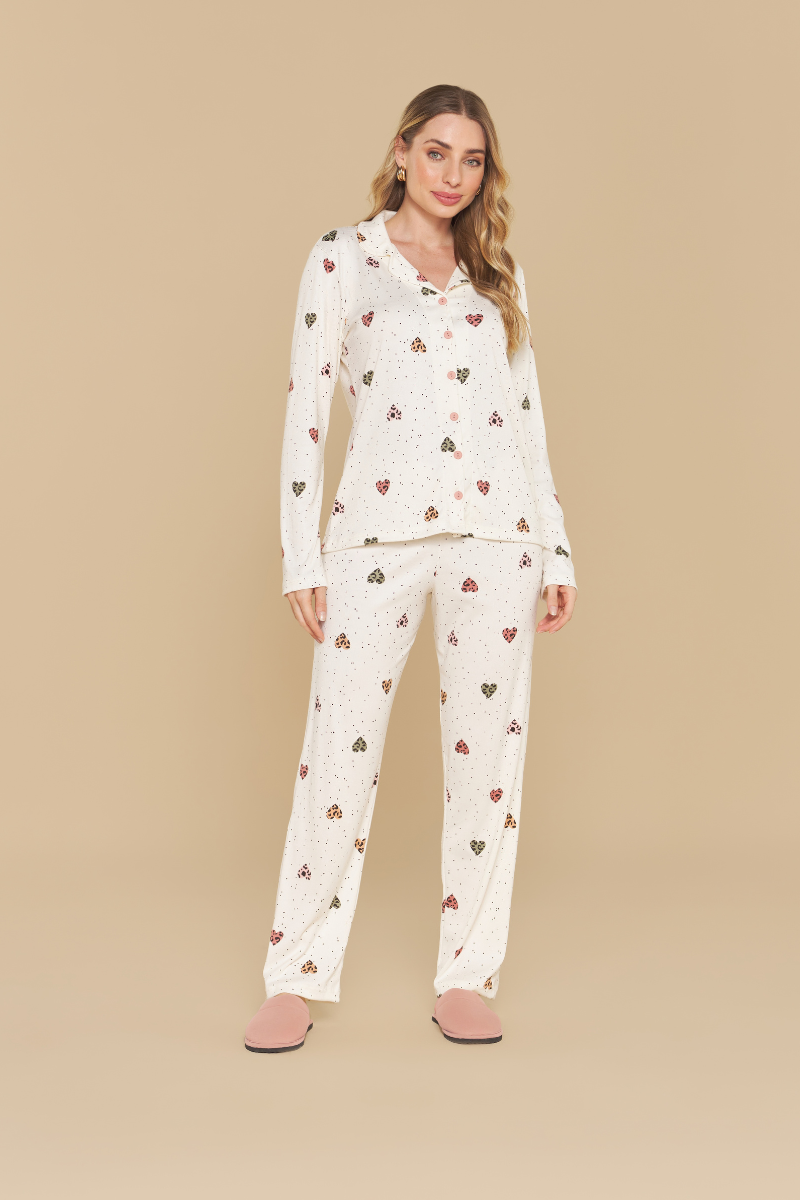 Pijama Jovial Americano Manga Longa com Calça Espalhe Amor em Malha Canelada Peletizada – Sensare® 140201