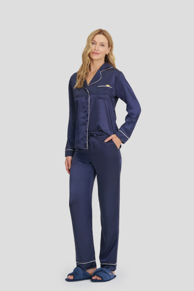 Pijama Americano Manga Longa com Calça em Cetim Glamour Azul Marinho – Mensageiro dos Sonhos® 0141536