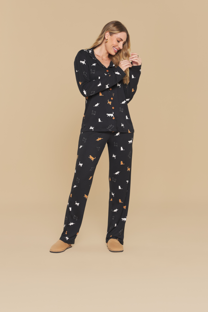 Pijama Jovial Americano Manga Longa com Calça em Malha Peletizada Cats – Sensare® 140272