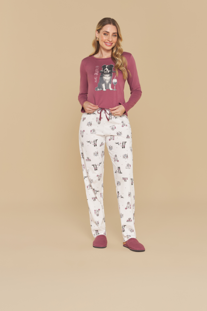 Pijama Jovial Manga Longa com Calça em Algodão Dog e Vinho – Sensare® 140246