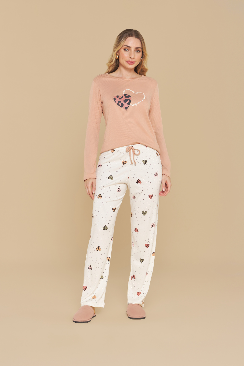 Pijama Jovial Manga Longa com Calça Espalhe Amor em Malha Canelada Peletizada Sensare® 140235