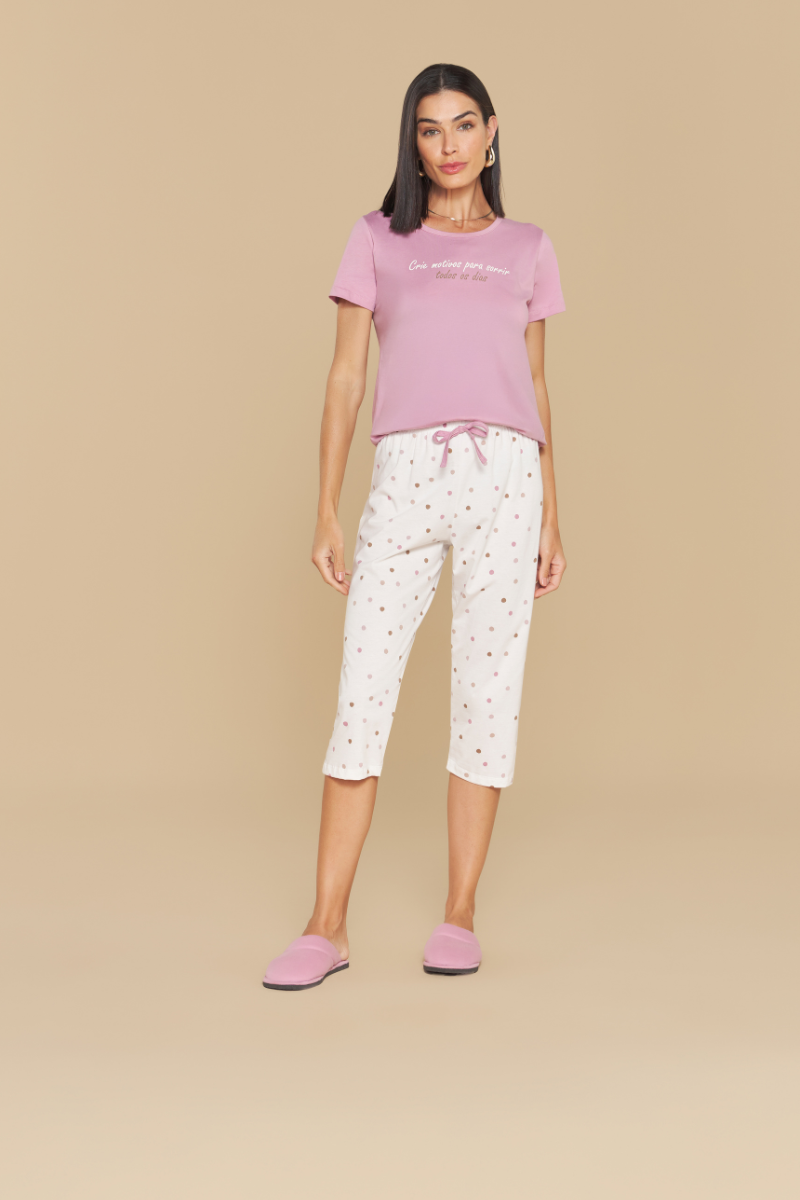 Pijama Jovial Meia Manga com Capri em Malha de Algodão Poazinho – Sensare® 130277