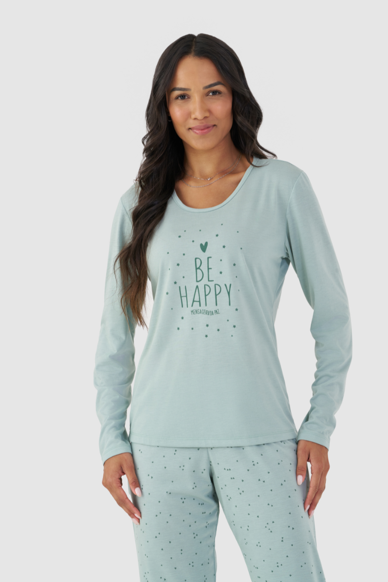 Pijama Básico Manga Longa com Calça em Meia Malha Be Happy Verde Suave – Mensageira da Paz® 034187
