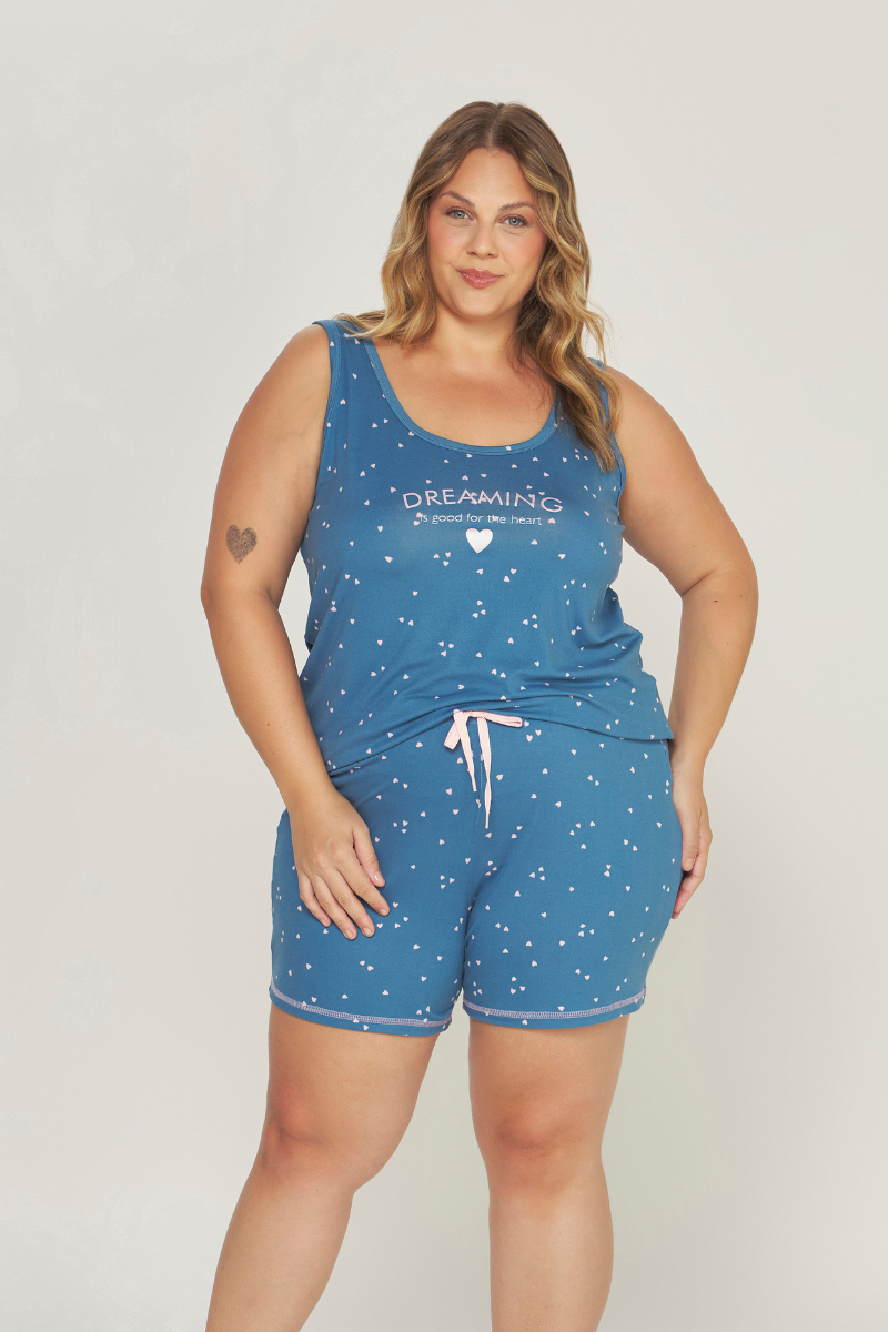 Pijama Regata com Short Plus Size Peach Touch Coração Fundo Azul – Dunid® 01.1.0468