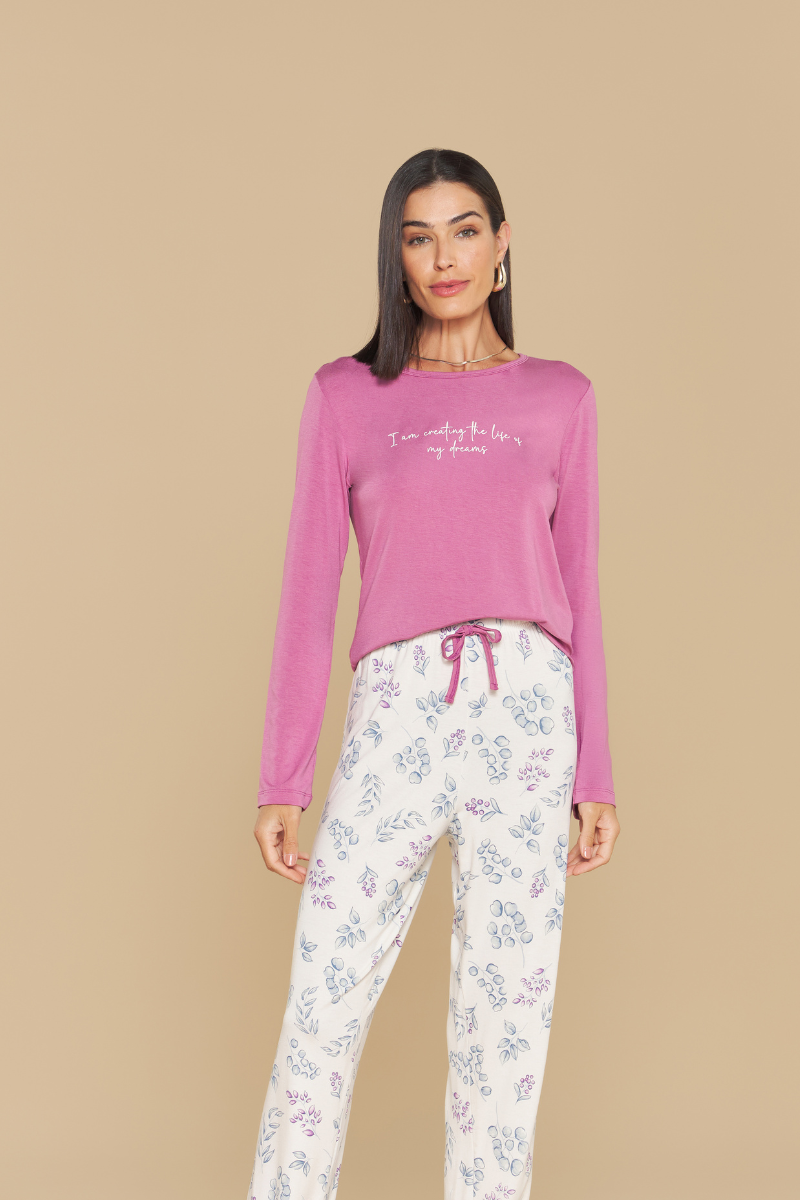 Pijama Senhora Manga Longa com Calça em Viscolycra Folhas – Sensare® 140216