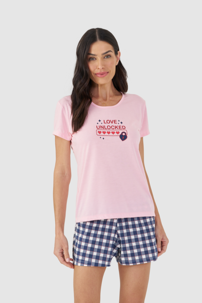Pijama Básico Meia Manga com Short em Meia Malha Amor Desbloqueado – Mensageira da Paz® 033499