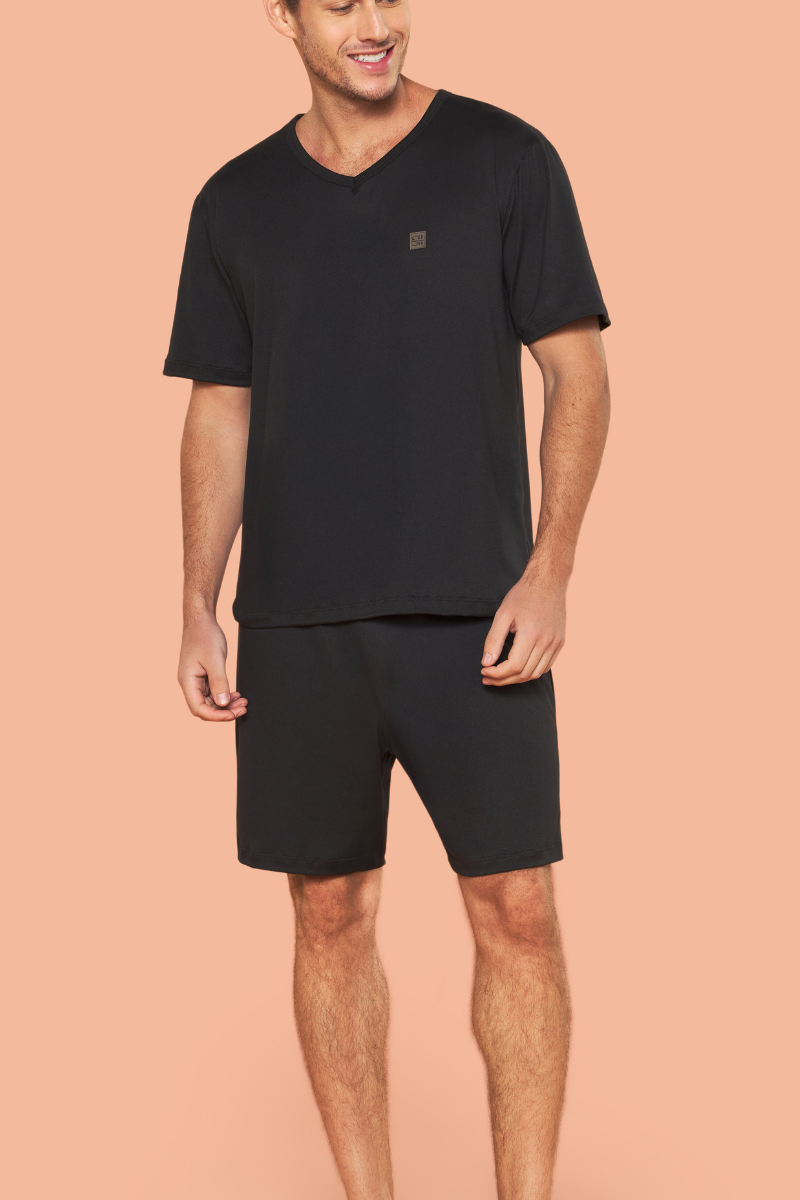 Pijama Masculino Meia Manga com Short Light Suede Corações – Sensare® 130326