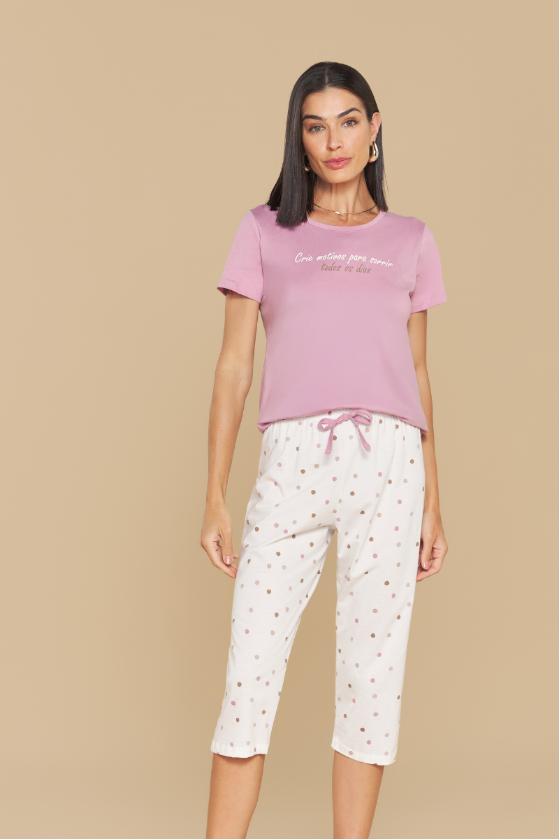 Pijama Jovial Meia Manga com Capri em Malha de Algodão Poazinho – Sensare® 130277