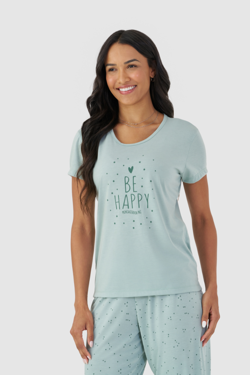 Pijama Básico Meia Manga com Capri em Meia Malha Be Happy Verde Suave – Mensageira da Paz® 034186
