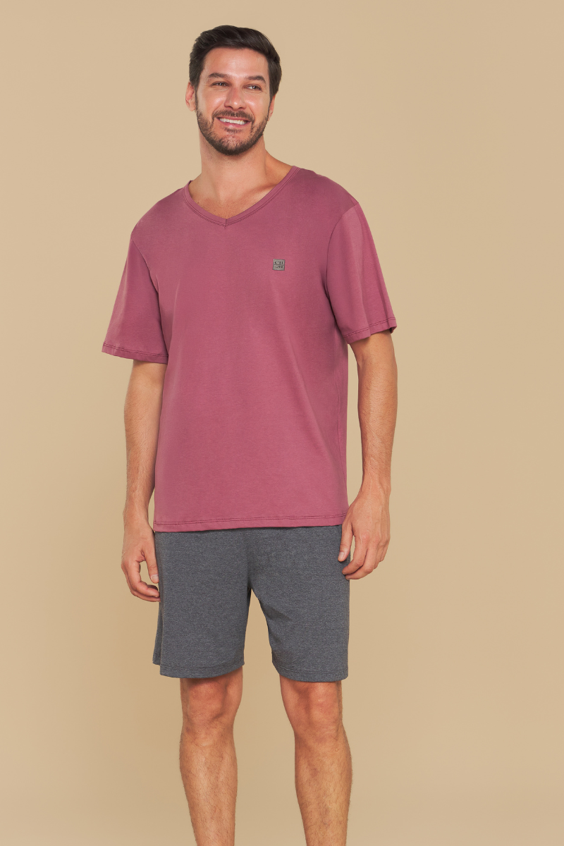 Pijama Masculino Meia Manga com Bermuda em Algodão Vinho e Cinza – Sensare® 130271