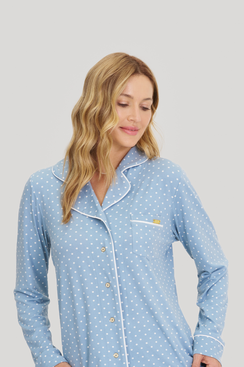 Pijama Básico Americano Manga Longa com Calça Touch Dreams Amanhecer Poá Azul Claro – Mensageiro dos Sonhos® 0141538