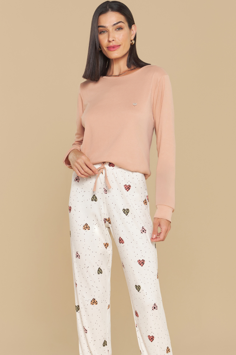 Pijama Jovial Manga Longa com Calça Espalhe Amor em Malha Canelada Peletizada – Sensare® 140150
